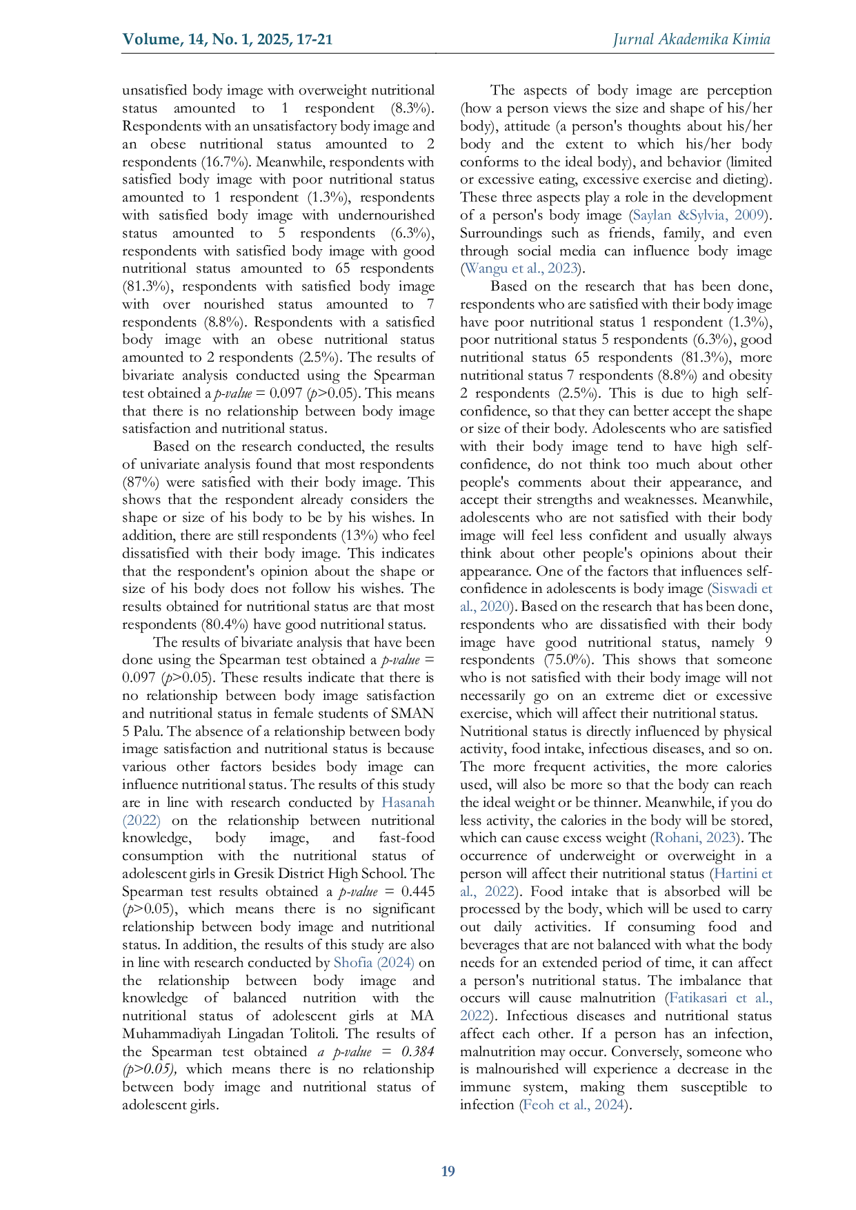 JURIS Hubungan Antara Kepuasan Citra Tubuh dan Status Gizi pada Siswi SMA Negeri 5 Palu
