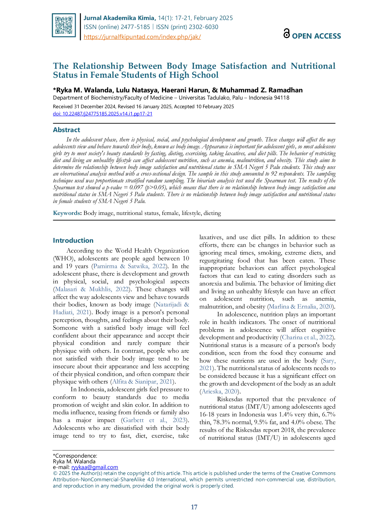 JURIS Hubungan Antara Kepuasan Citra Tubuh dan Status Gizi pada Siswi SMA Negeri 5 Palu