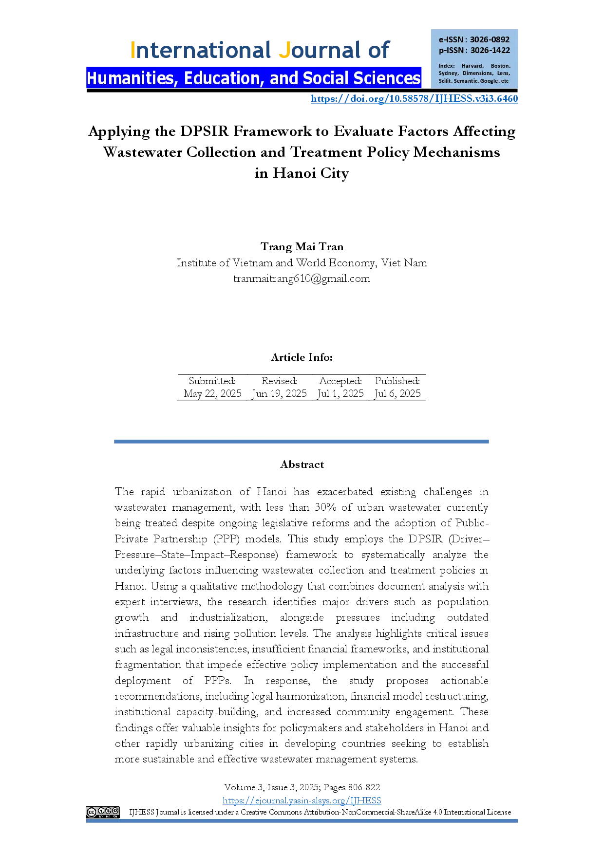 juris Applying the DPSIR Framework to Evaluate Factors Affecting Wastewater Collection and Treatment Policy Mechanisms in Hanoi City