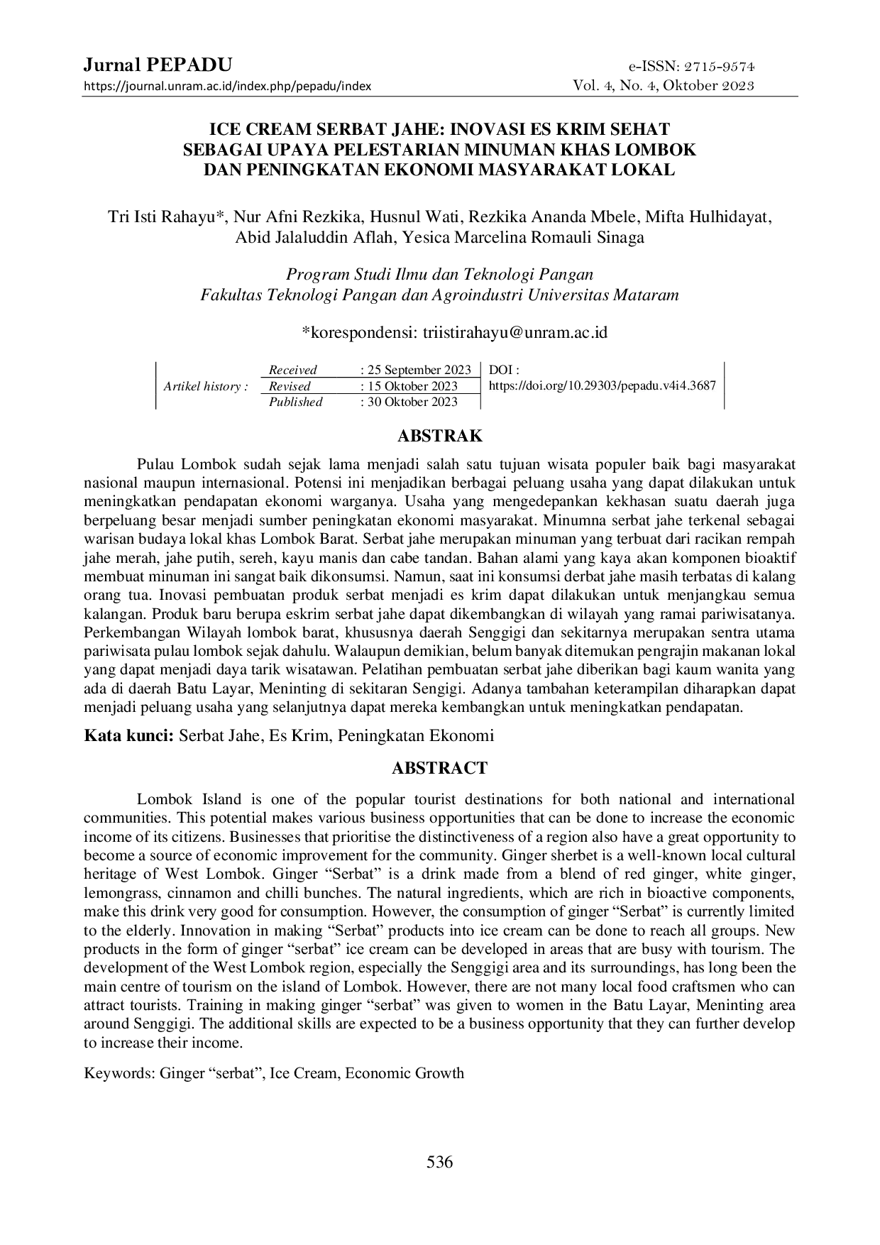 JURIS ICE CREAM SERBAT JAHE INOVASI ES KRIM SEHAT SEBAGAI UPAYA PELESTARIAN MINUMAN KHAS LOMBOK DAN PENINGKATAN EKONOMI MASYARAKAT LOKAL