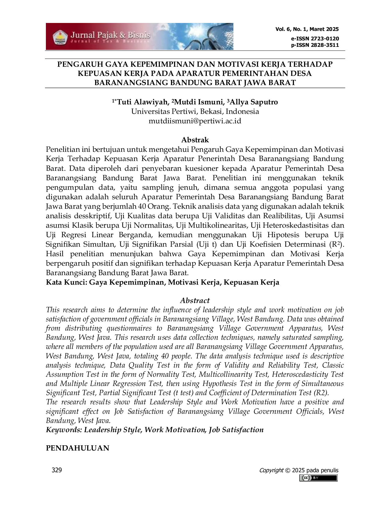 JURIS Pengaruh Gaya Kepemimpinan Dan Motivasi Kerja Terhadap Kepuasan Kerja Pada Aparatur Pemerintahan Desa Baranangsiang Bandung Barat Jawa Barat