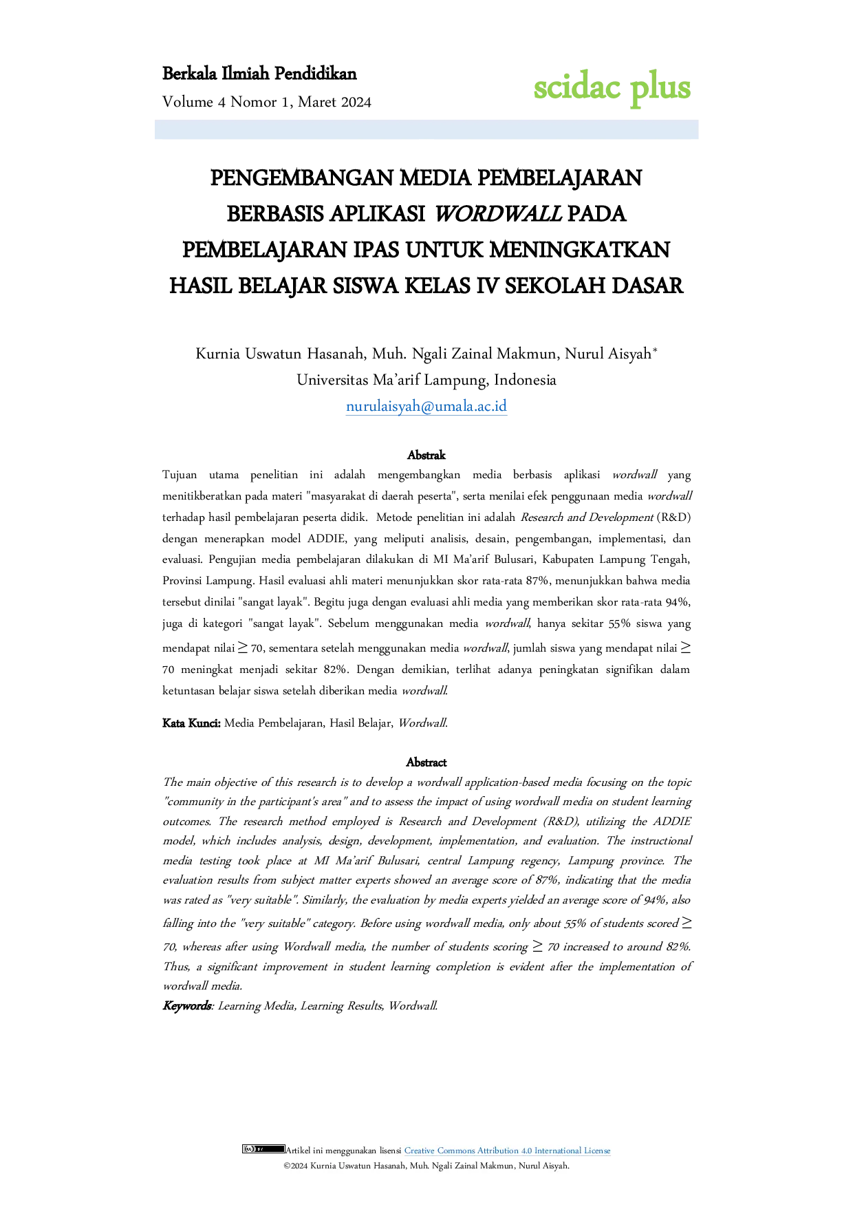 JURIS Pengembangan Media Pembelajaran Berbasis Aplikasi Wordwall Pada Pembelajaran IPAS Untuk Meningkatkan Hasil Belajar Siswa Kelas IV Sekolah Dasar