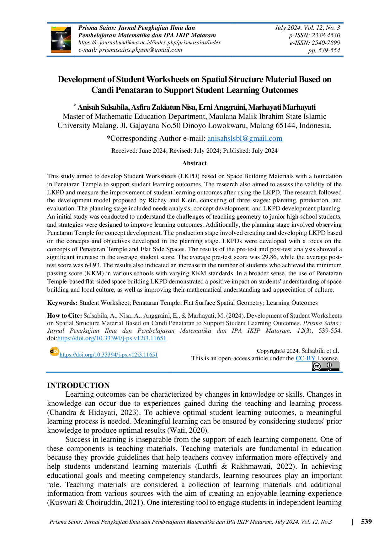 JURIS Development of Student Worksheets on Spatial Structure Material Based on Candi Penataran to Support Student Learning Outcomes
