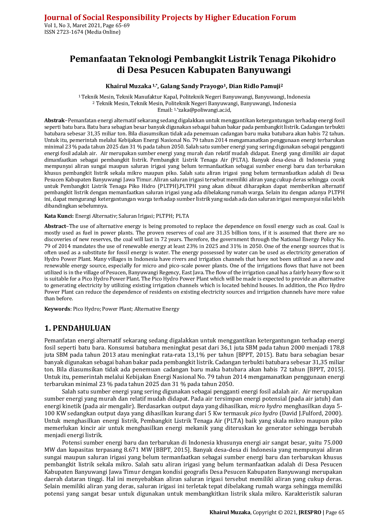 JURIS Pemanfaatan Teknologi Pembangkit Listrik Tenaga Pikohidro di Desa Pesucen Kabupaten Banyuwangi