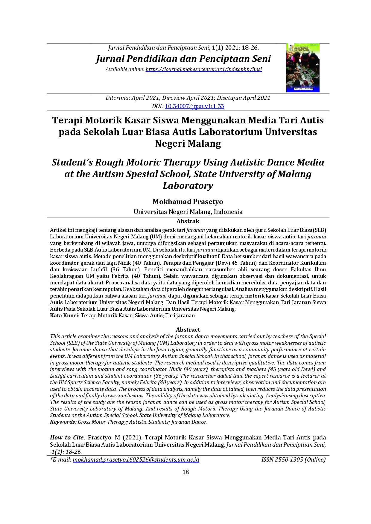 juris Terapi Motorik Kasar Siswa Menggunakan Media Tari Autis pada Sekolah Luar Biasa Autis Laboratorium Universitas Negeri Malang