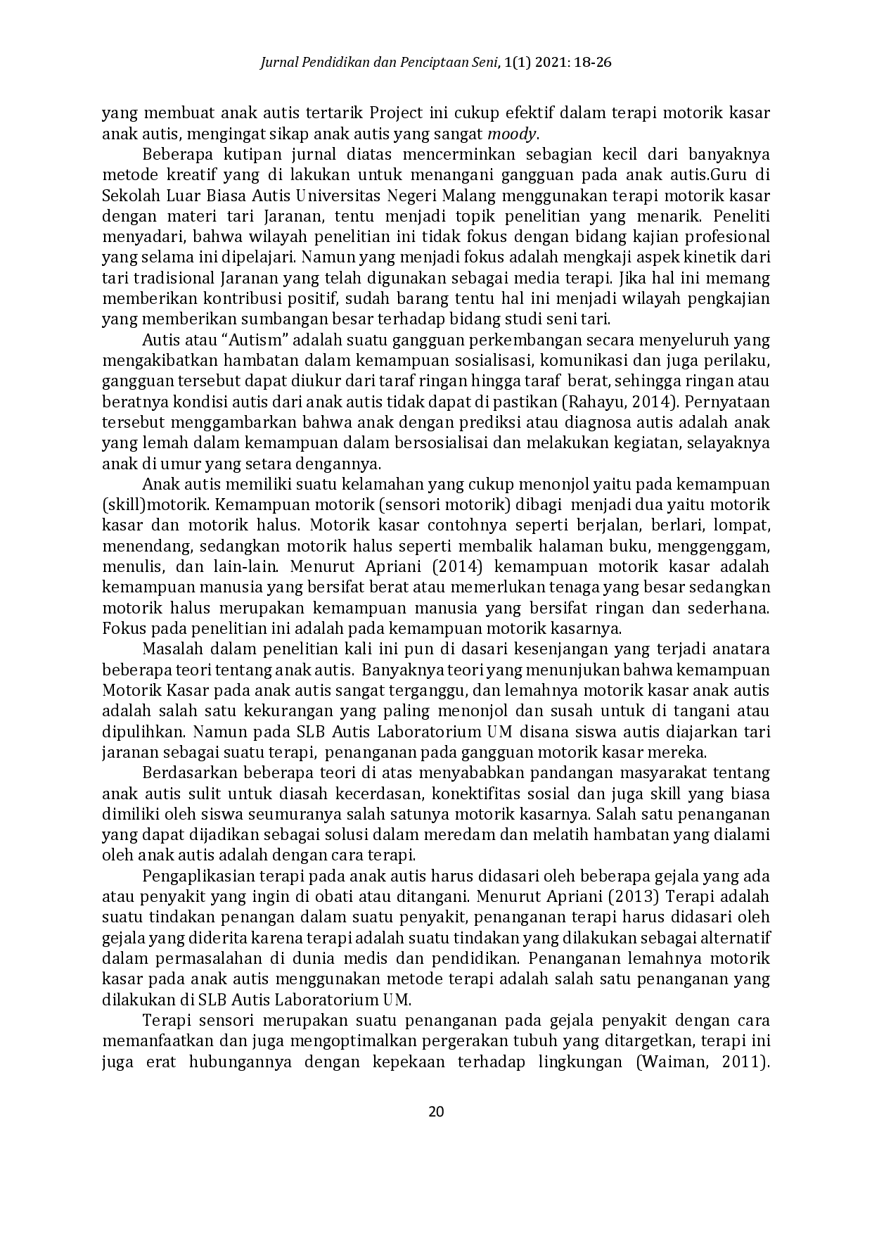 juris Terapi Motorik Kasar Siswa Menggunakan Media Tari Autis pada Sekolah Luar Biasa Autis Laboratorium Universitas Negeri Malang