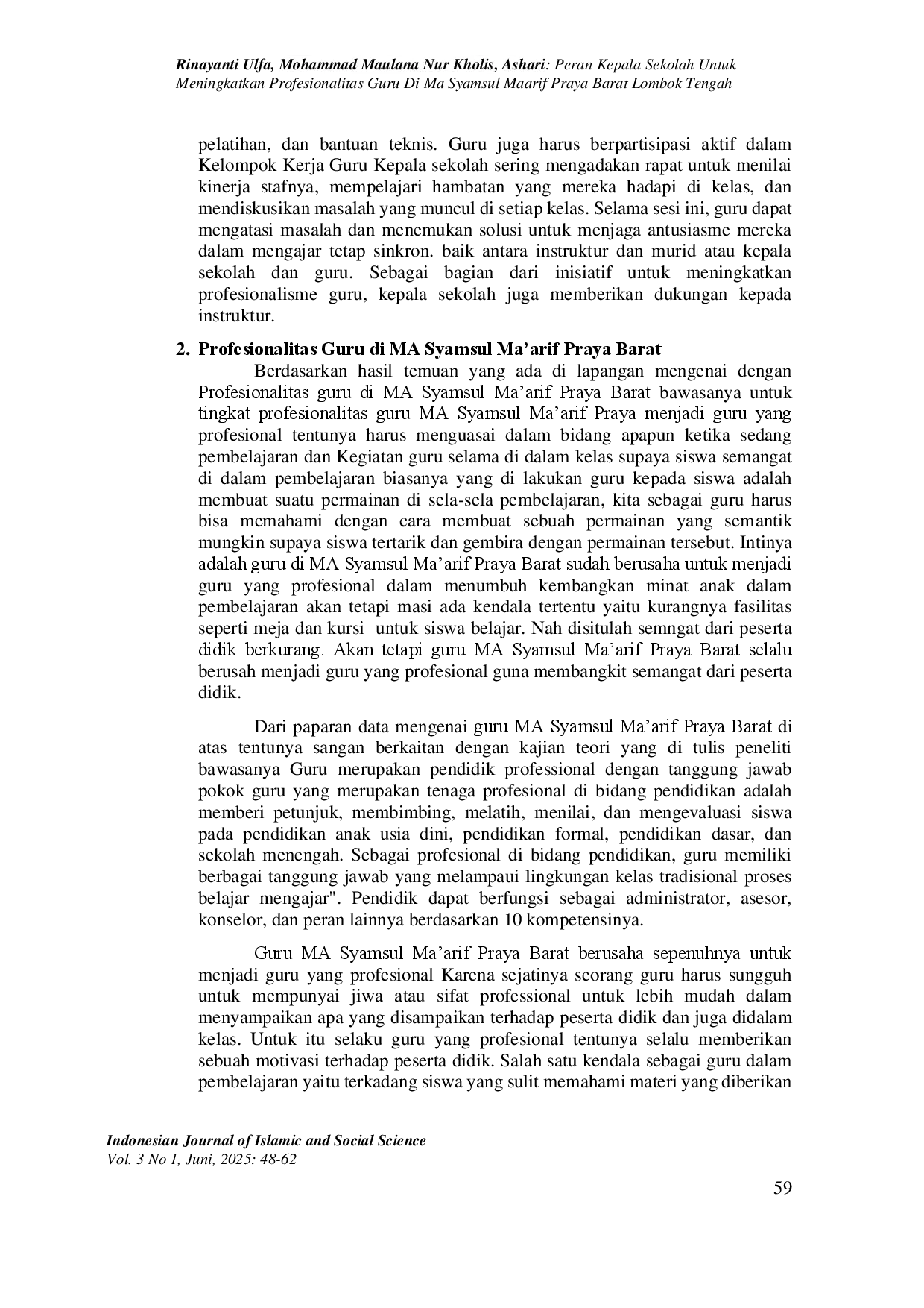 juris PERAN KEPALA SEKOLAH UNTUK MENINGKATKAN PROFESIONALITAS GURU di MA SYAMSUL MAARIF PRAYA BARAT LOMBOK TENGAH