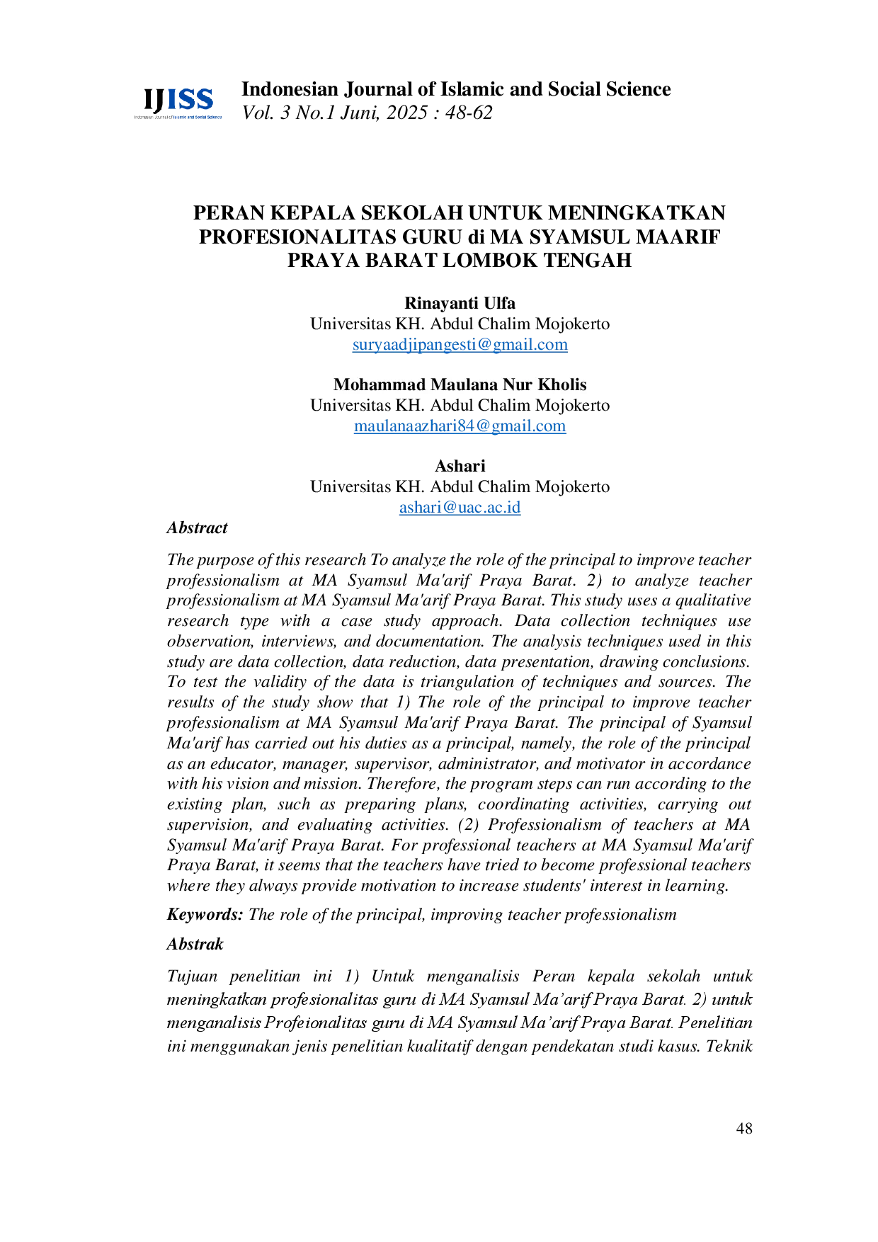 juris PERAN KEPALA SEKOLAH UNTUK MENINGKATKAN PROFESIONALITAS GURU di MA SYAMSUL MAARIF PRAYA BARAT LOMBOK TENGAH