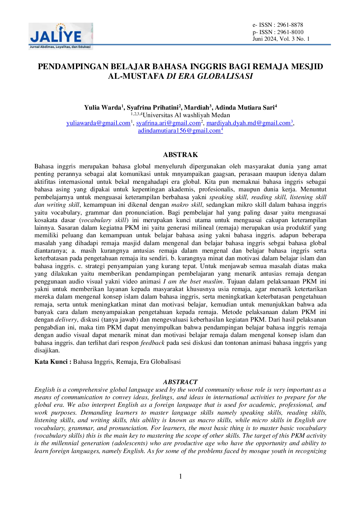 JURIS Pendampingan Belajar Bahasa Inggris Bagi Remaja Mesjid Al Mustafa Di Era Globalisasi
