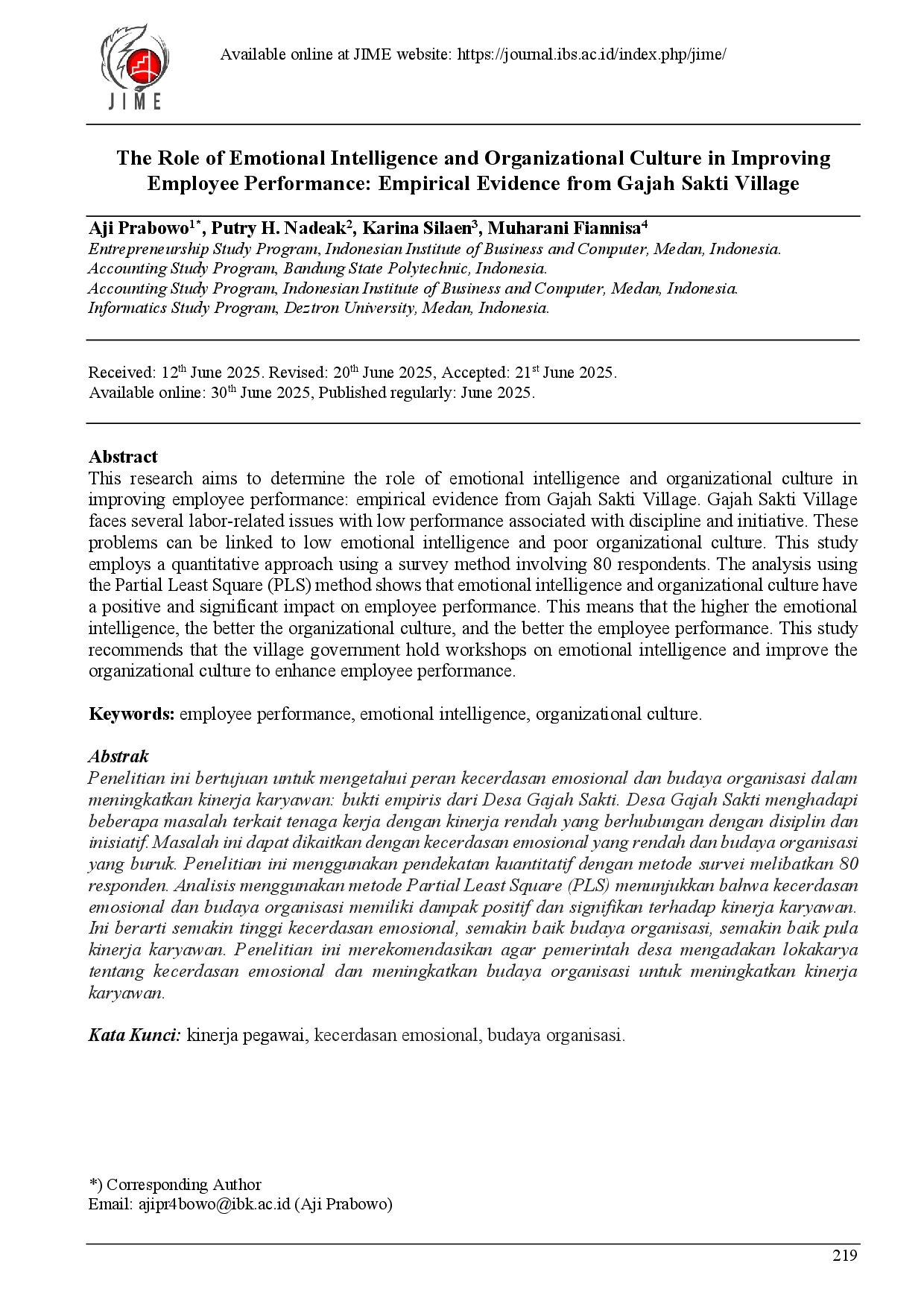 juris The Role of Emotional Intelligence and Organizational Culture in Improving Employee Performance Empirical Evidence from Gajah Sakti Village