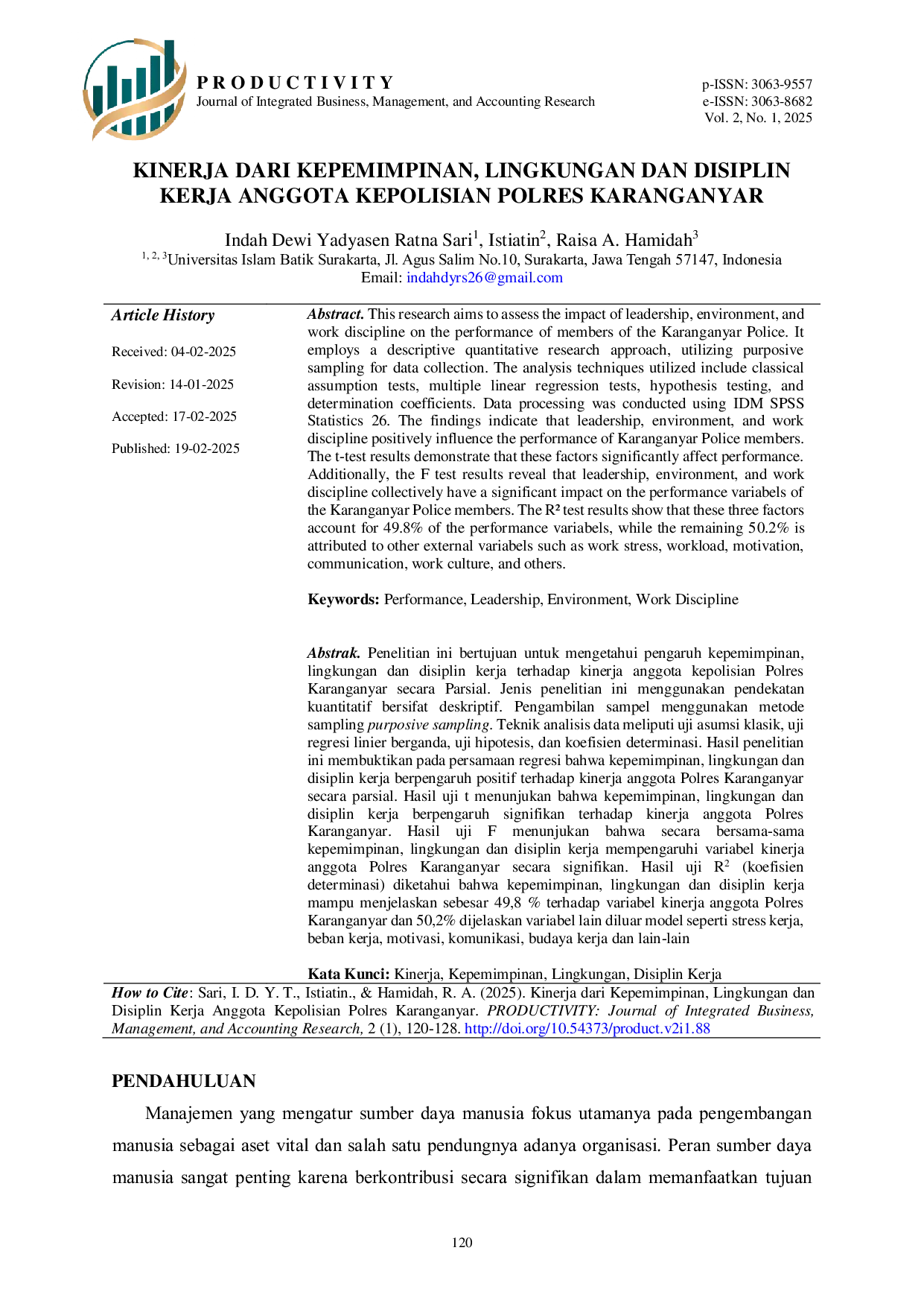 JURIS Kinerja dari Kepemimpinan Lingkungan dan Disiplin Kerja Anggota Kepolisian Polres Karanganyar