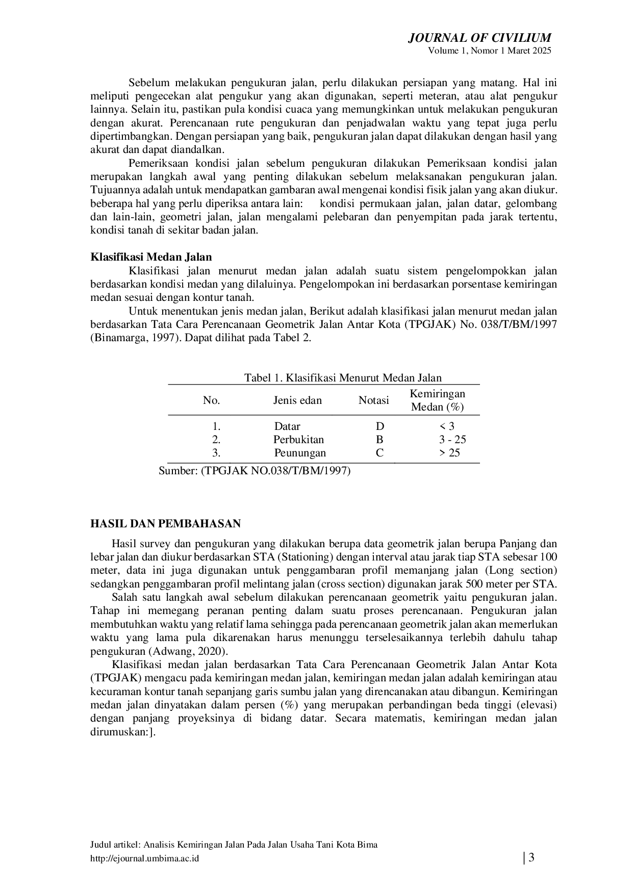 JURIS Analisis Kemiringan Jalan Pada Jalan Usaha Tani Kota Bima