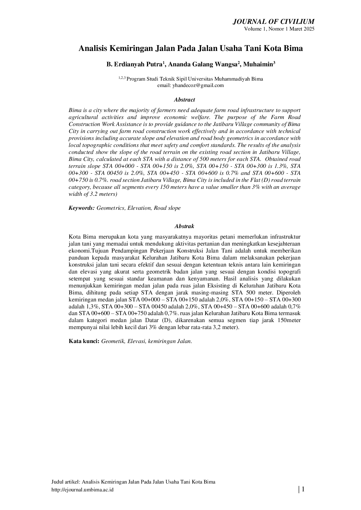 JURIS Analisis Kemiringan Jalan Pada Jalan Usaha Tani Kota Bima