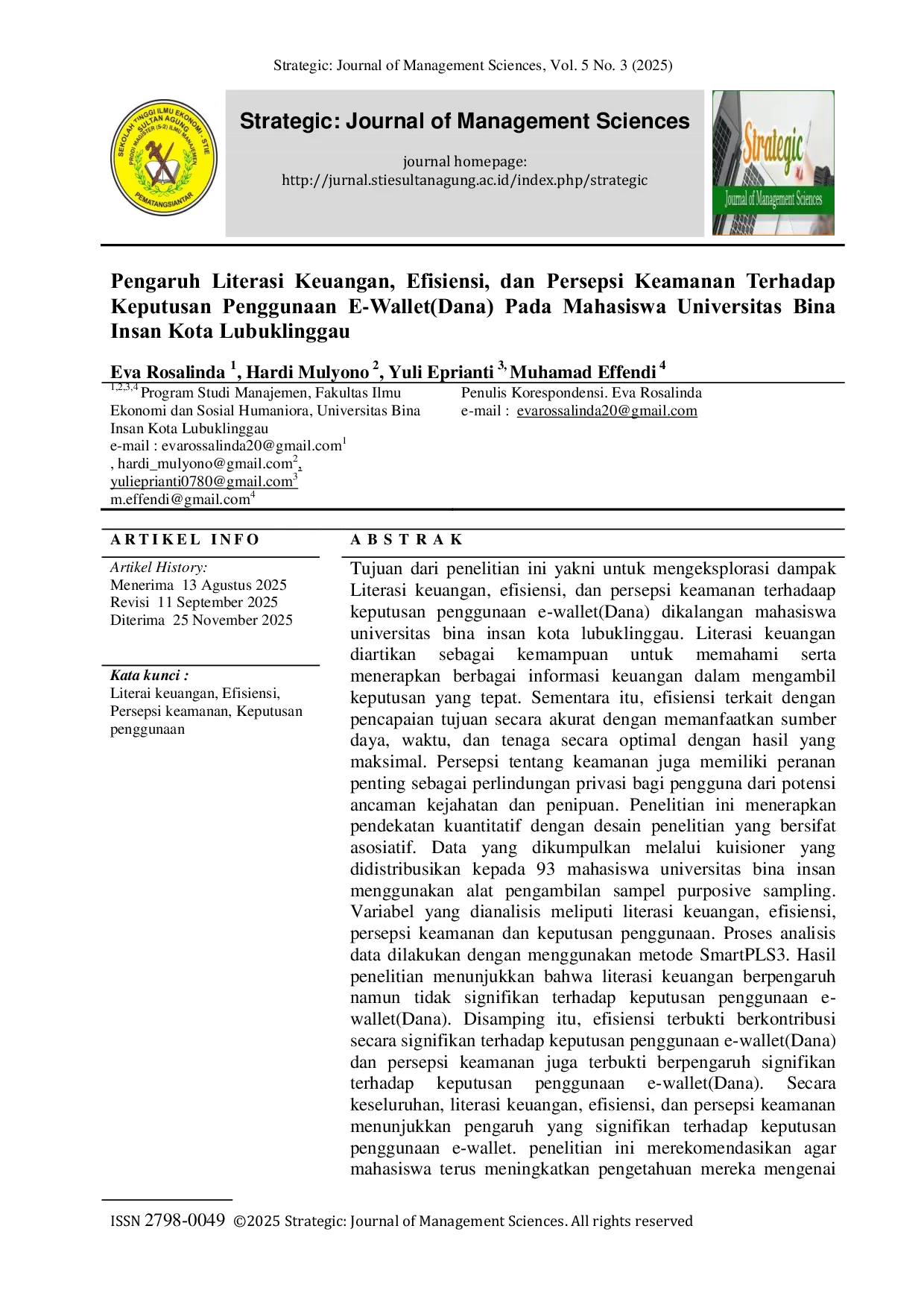 JURIS Pengaruh Literasi Keuangan Efisiensi dan Persepsi Keamanan Terhadap Keputusan Penggunaan E Wallet Dana Pada Mahasiswa Universitas Bina Insan Kota Lubuklinggau