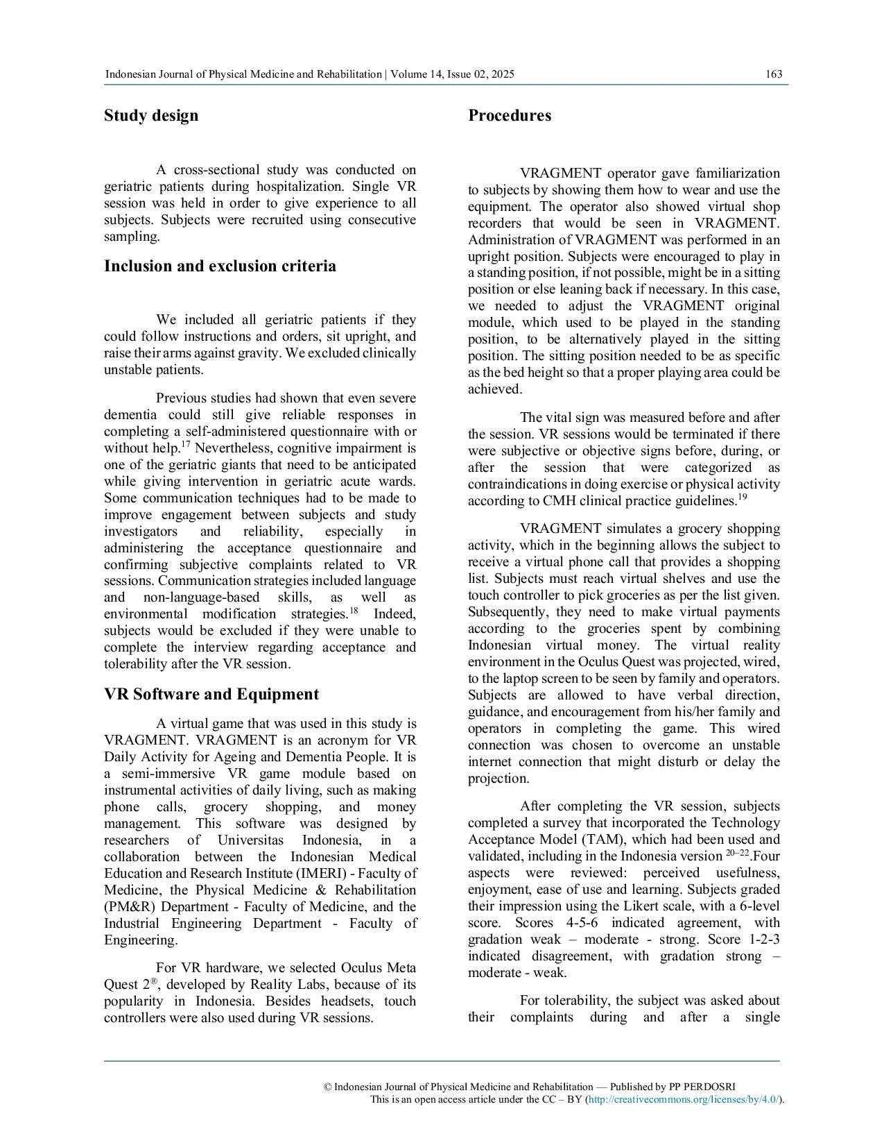 JURIS Acceptability Tolerability of Virtual Reality Sessions in Acute Geriatric Ward