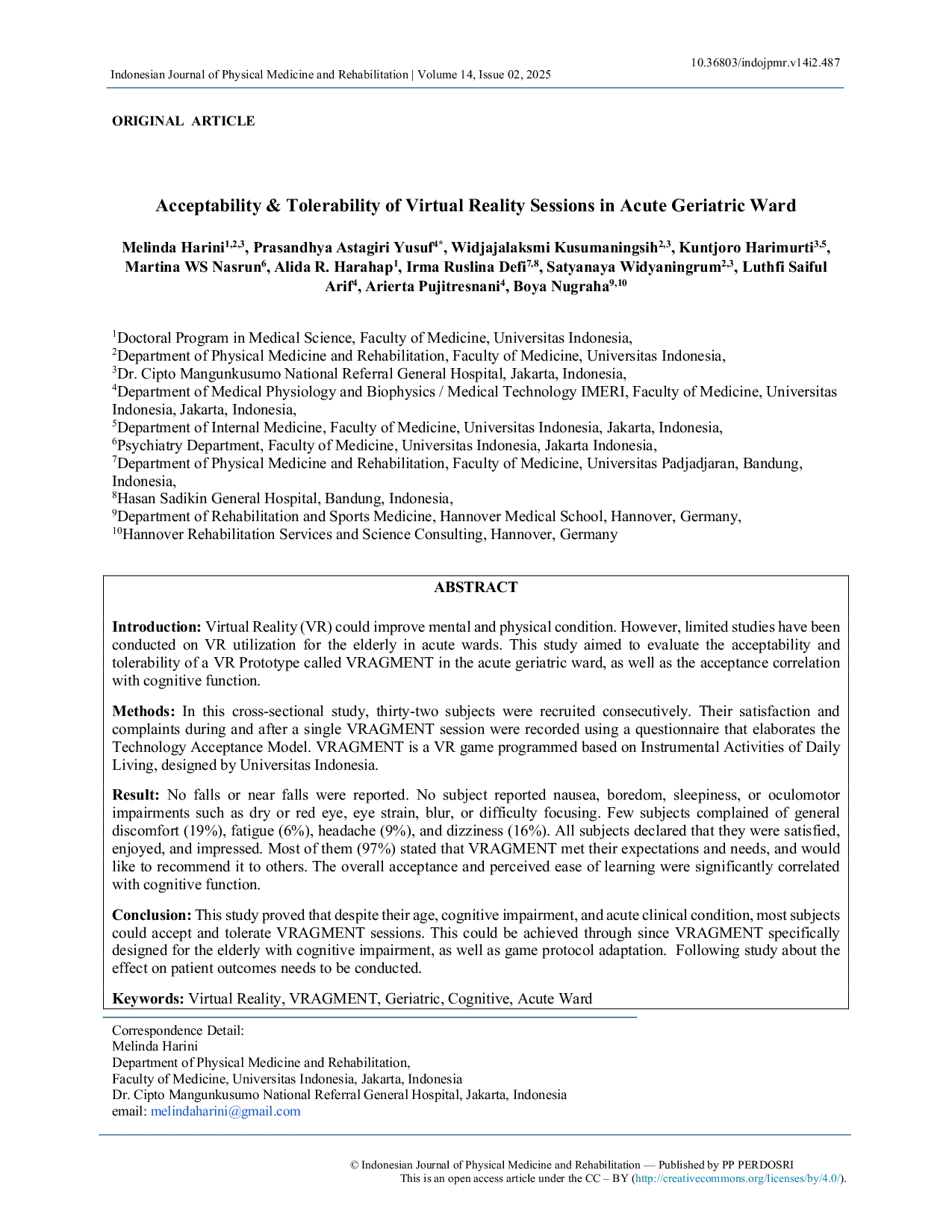 JURIS Acceptability Tolerability of Virtual Reality Sessions in Acute Geriatric Ward