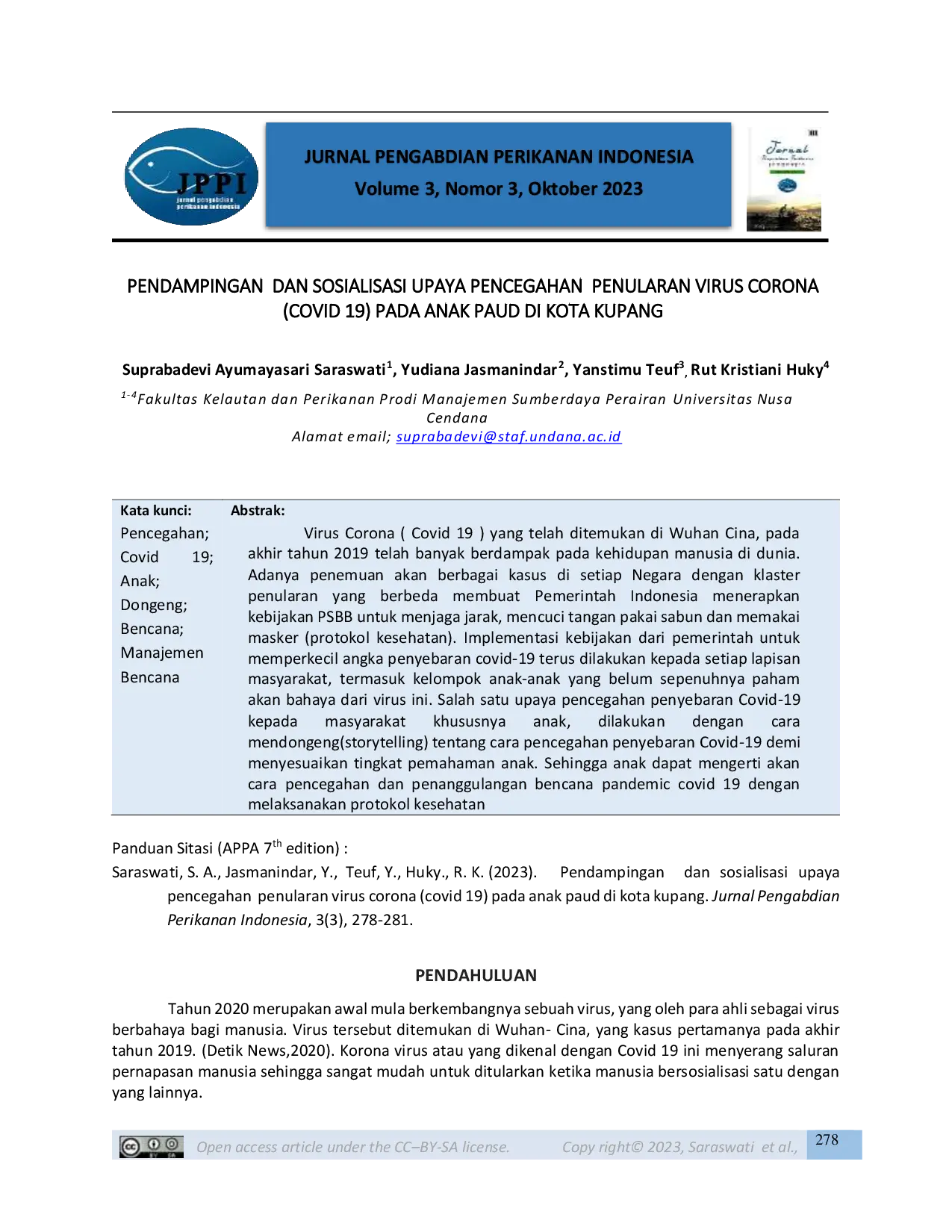 JURIS Pendampingan dan Sosialisasi Upaya Pencegahan Penularan Virus Corona COVID 19 pada Anak PAUD di Kota Kupang