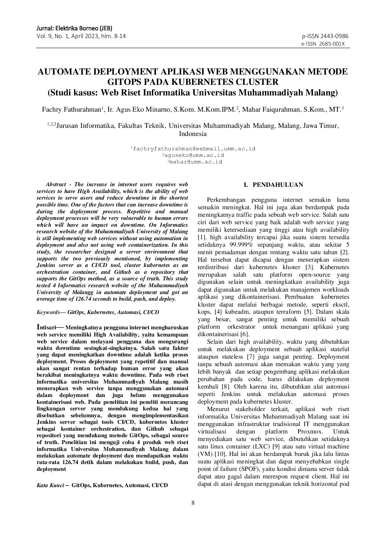 JURIS Automate Deployment Aplikasi Web Menggunakan Metode Gitops Pada Kubernetes Cluster Studi Kasus Web Riset Informatika Universitas Muhammadiyah Malang