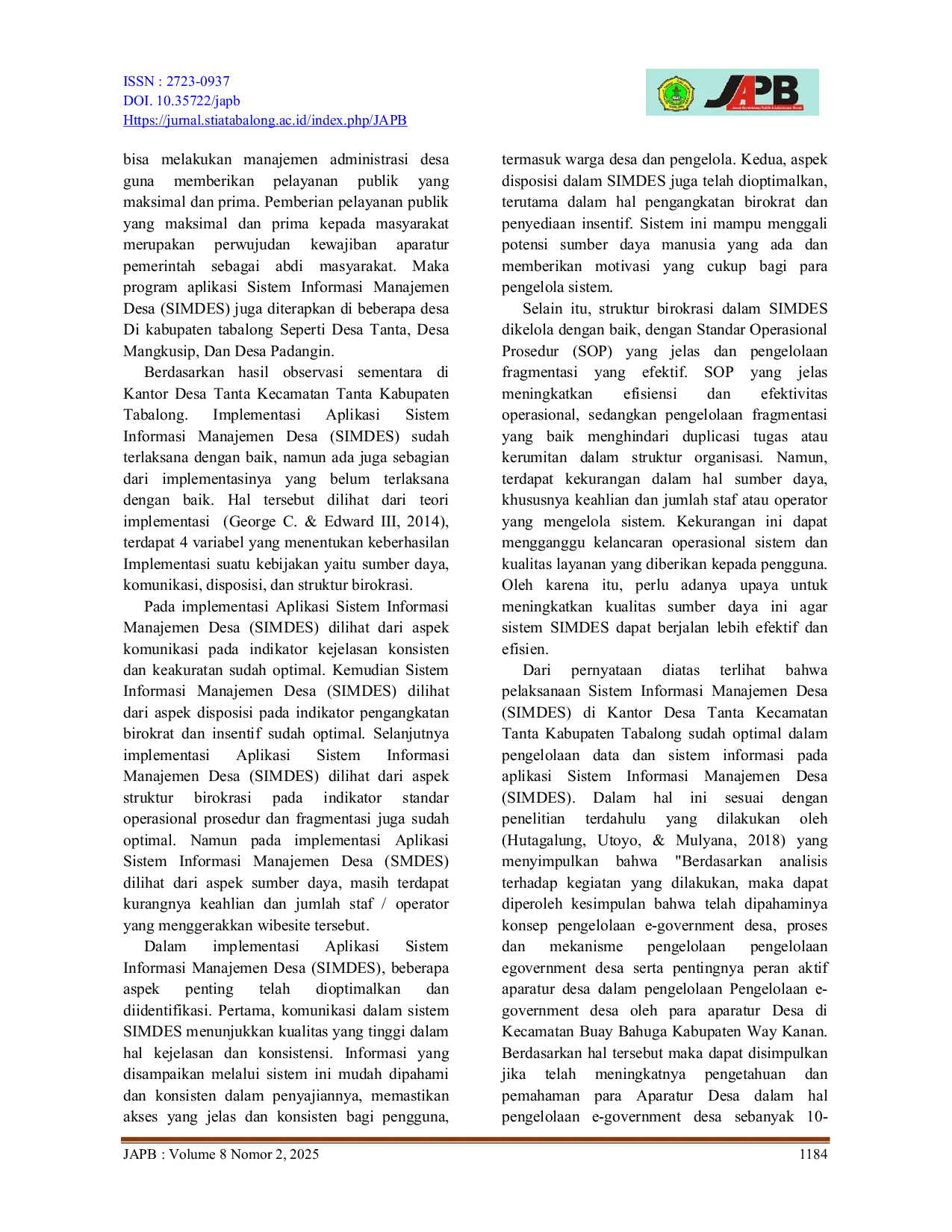 JURIS Implementasi Aplikasi Simdes Sistem Informasi Manajemen Desa Pada Kantor Desa Tanta Kecamatan Tanta Kabupaten Tabalong