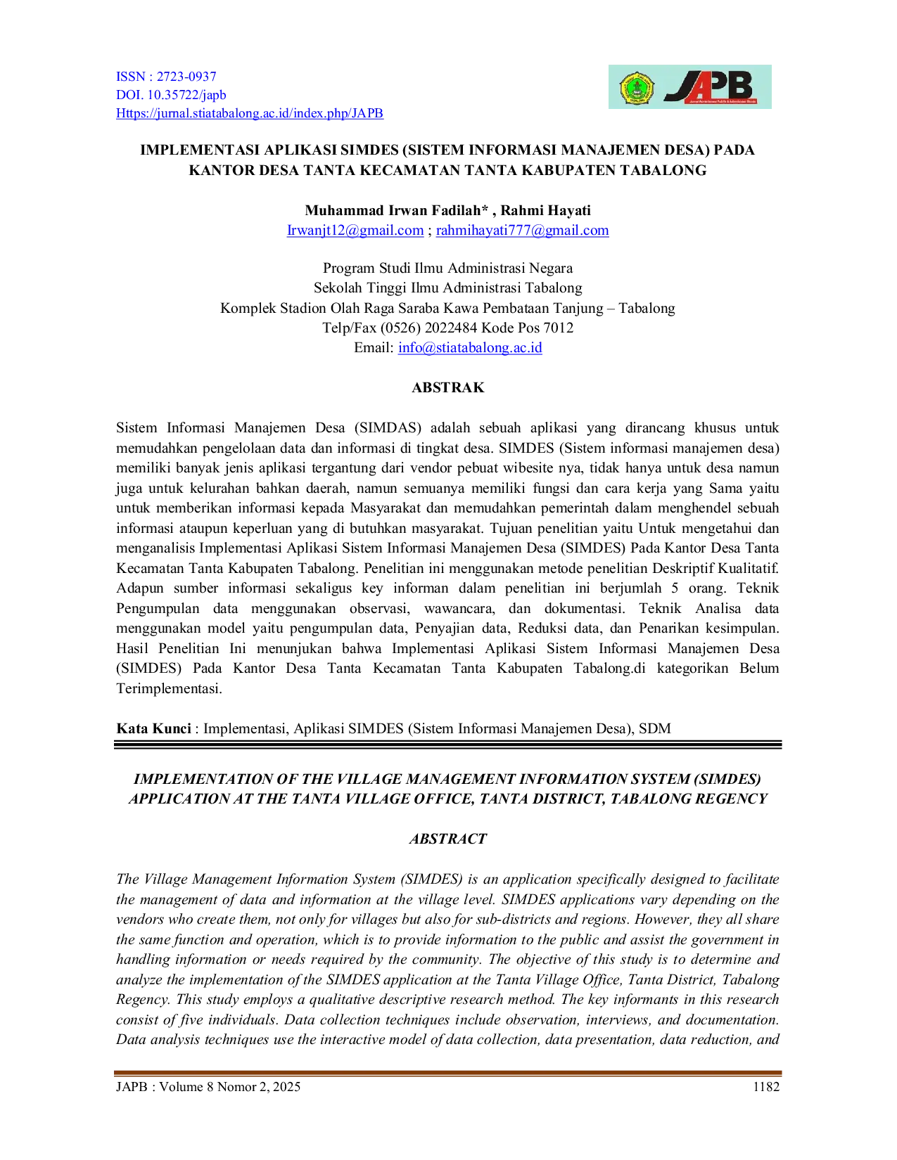 JURIS Implementasi Aplikasi Simdes Sistem Informasi Manajemen Desa Pada Kantor Desa Tanta Kecamatan Tanta Kabupaten Tabalong