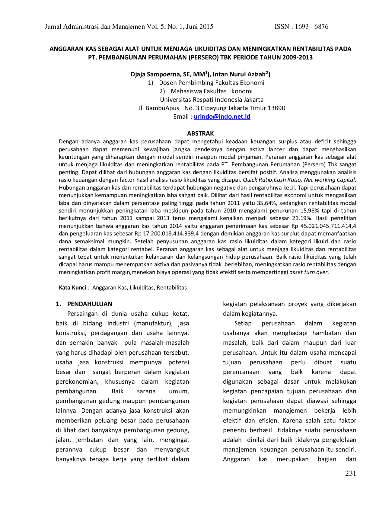 JURIS Anggaran Kas Sebagai Alat Untuk Menjaga Likuiditas Dan Meningkatkan Rentabilitas Pada Pt Pembangunan Perumahan Persero Tbk Periode Tahun 2009 2013