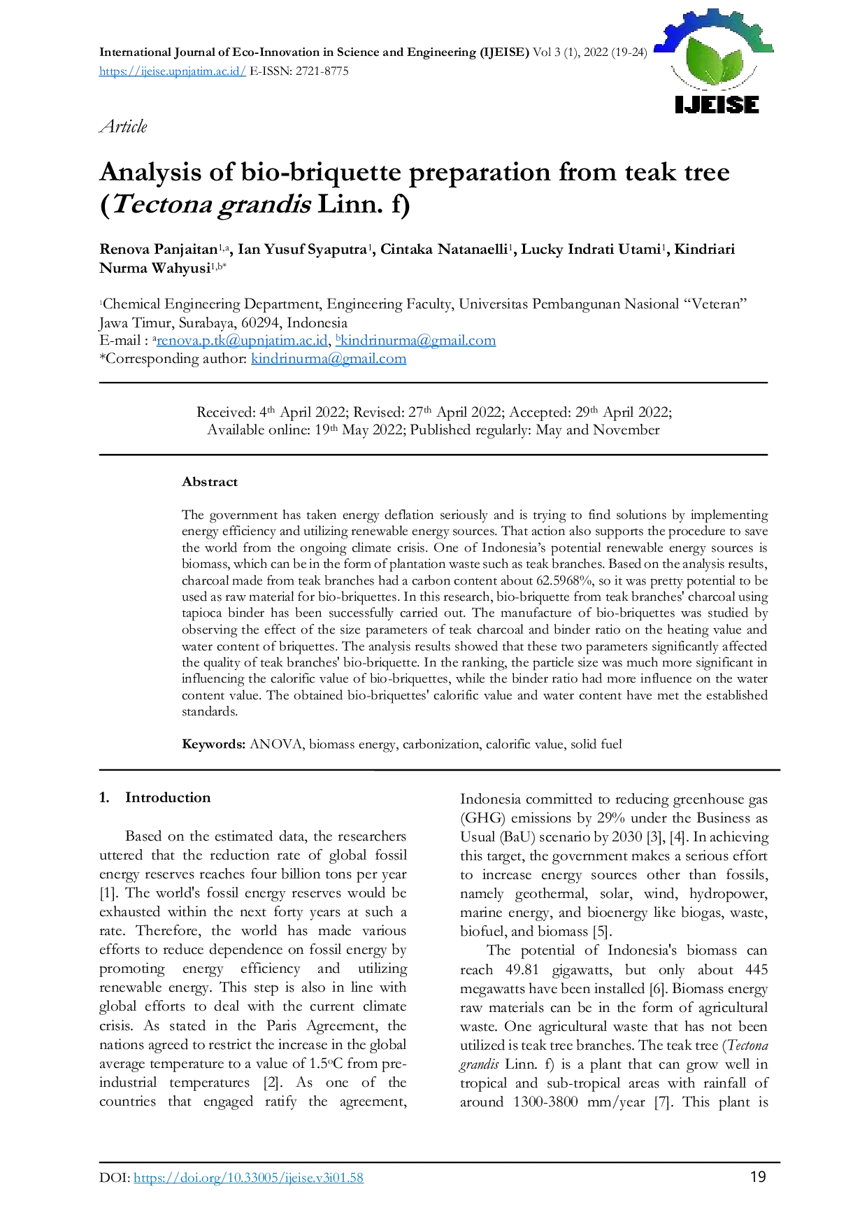 JURIS Analysis of bio briquette preparation from teak tree Tectona grandis Linn f
