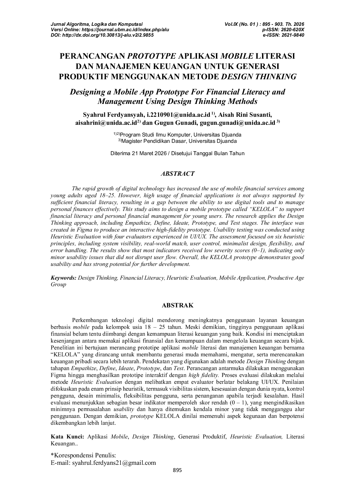 JURIS Designing a Mobile App Prototype For Financial Literacy and Management Using Design Thinking Methods