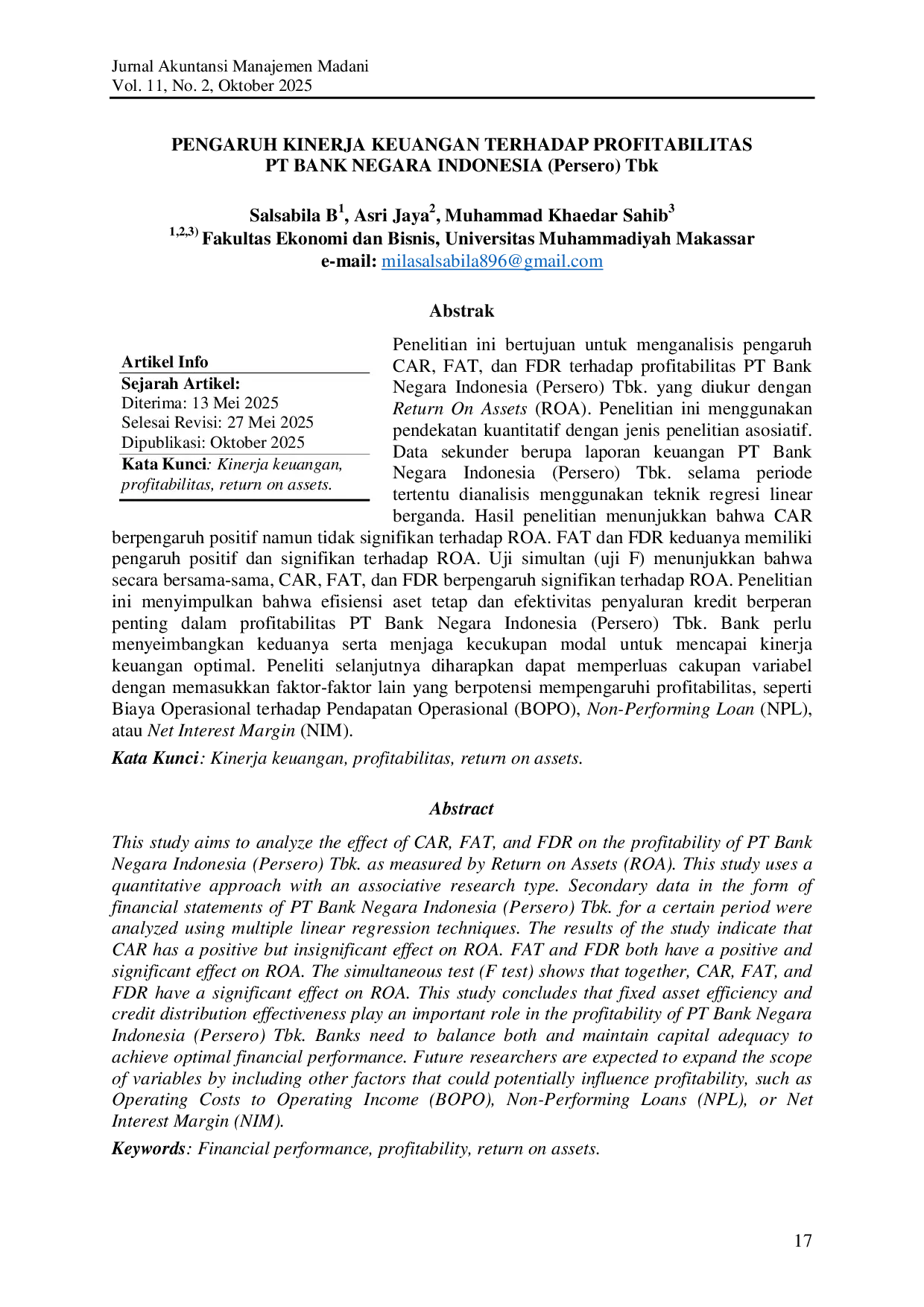 JURIS PENGARUH KINERJA KEUANGAN TERHADAP PROFITABILITAS PT BANK NEGARA INDONESIA Persero Tbk