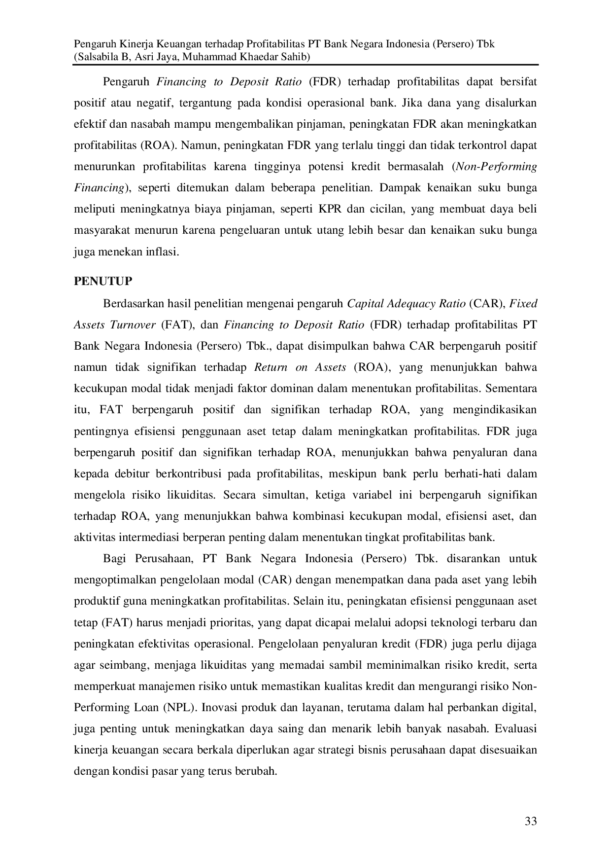 JURIS PENGARUH KINERJA KEUANGAN TERHADAP PROFITABILITAS PT BANK NEGARA INDONESIA Persero Tbk