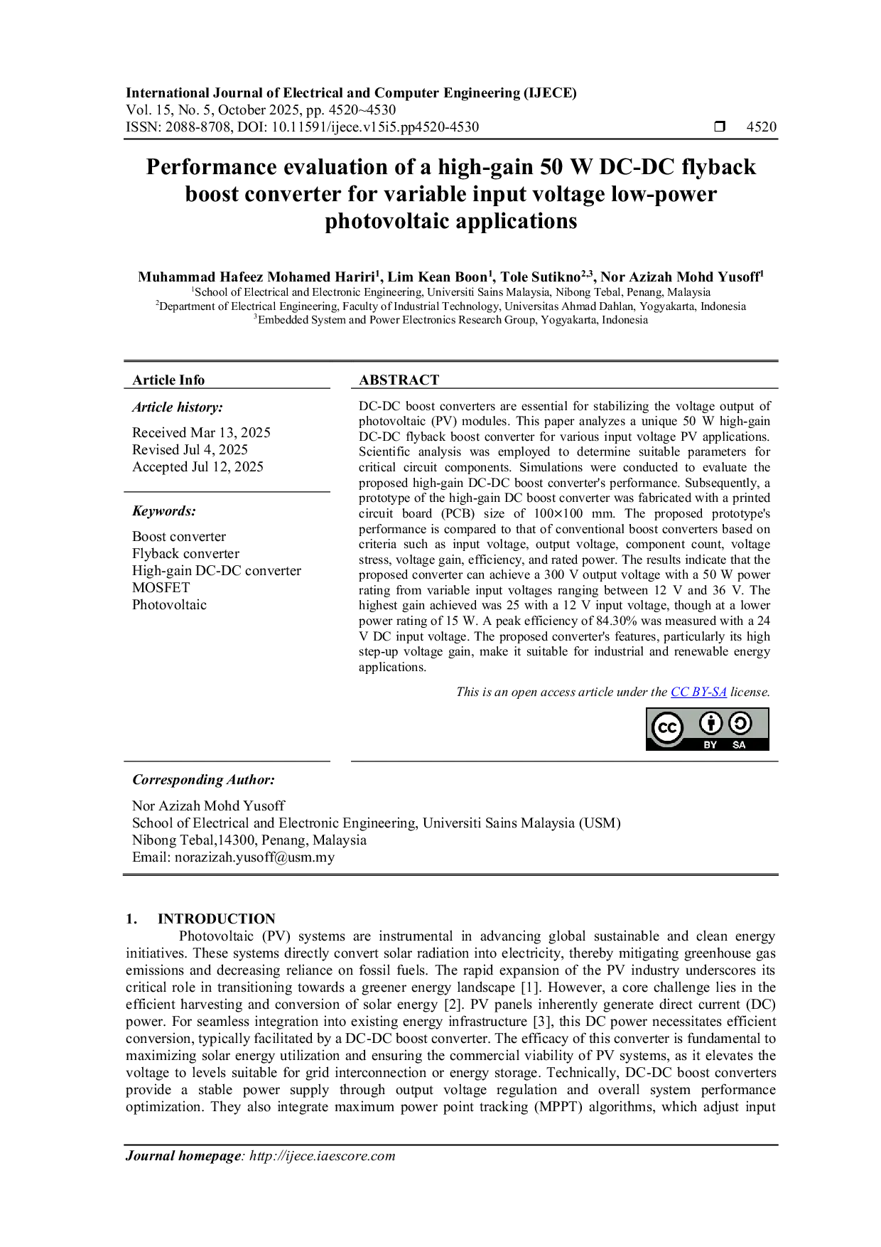 JURIS Performance evaluation of a high gain 50 W DC DC flyback boost converter for variable input voltage low power photovoltaic applications