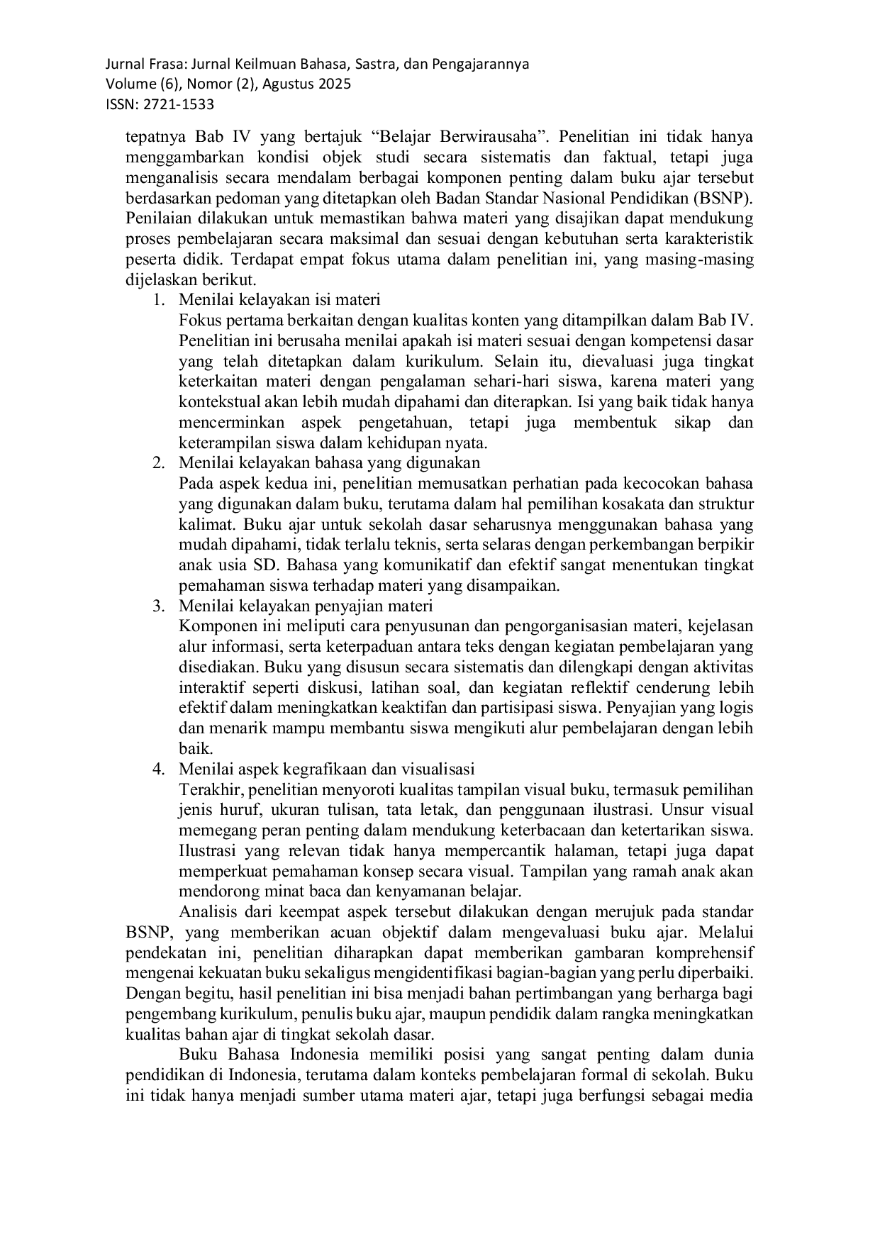 JURIS Analisis Belajar Berwirausaha Buku Bahasa Indonesia Siswa Kelas V Berdasarkan Kelayakan BSNP