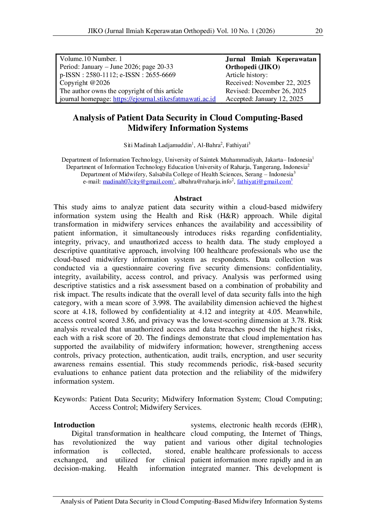 JURIS Analysis of Patient Data Security in Cloud Computing Based Midwifery Information Systems