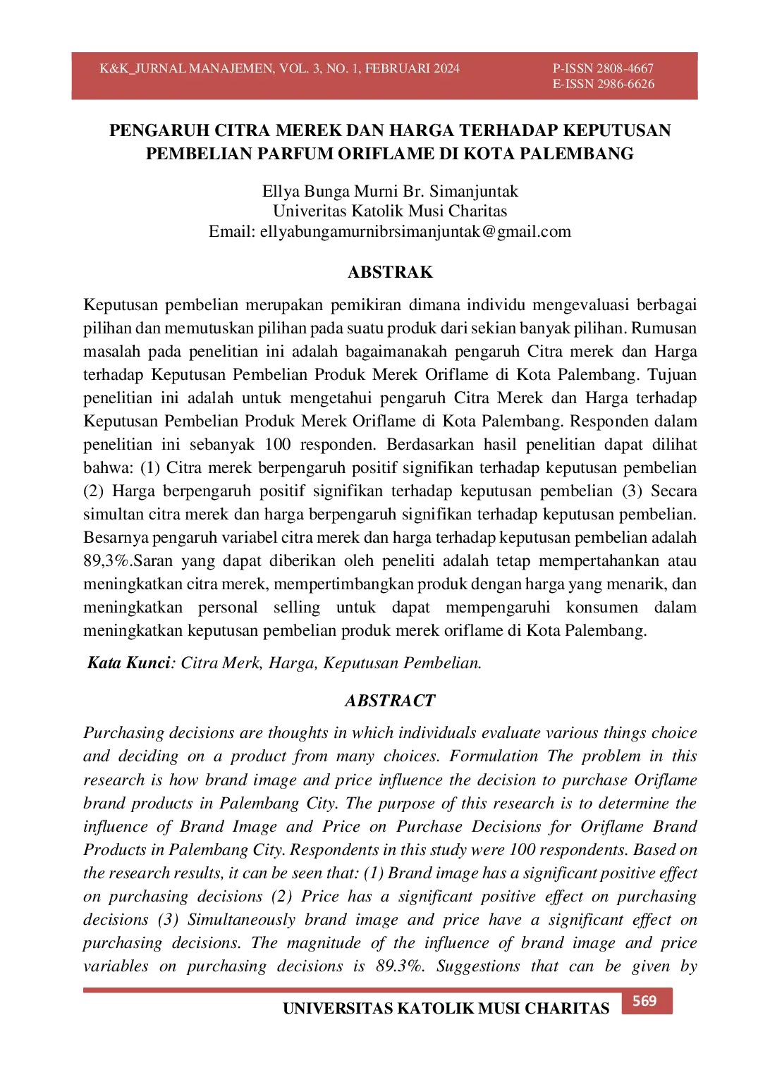 JURIS Pengaruh Citra Merk dan Harga Terhadap Keputusan Pembelian Produk Parfum Oriflame DiKota Palembang