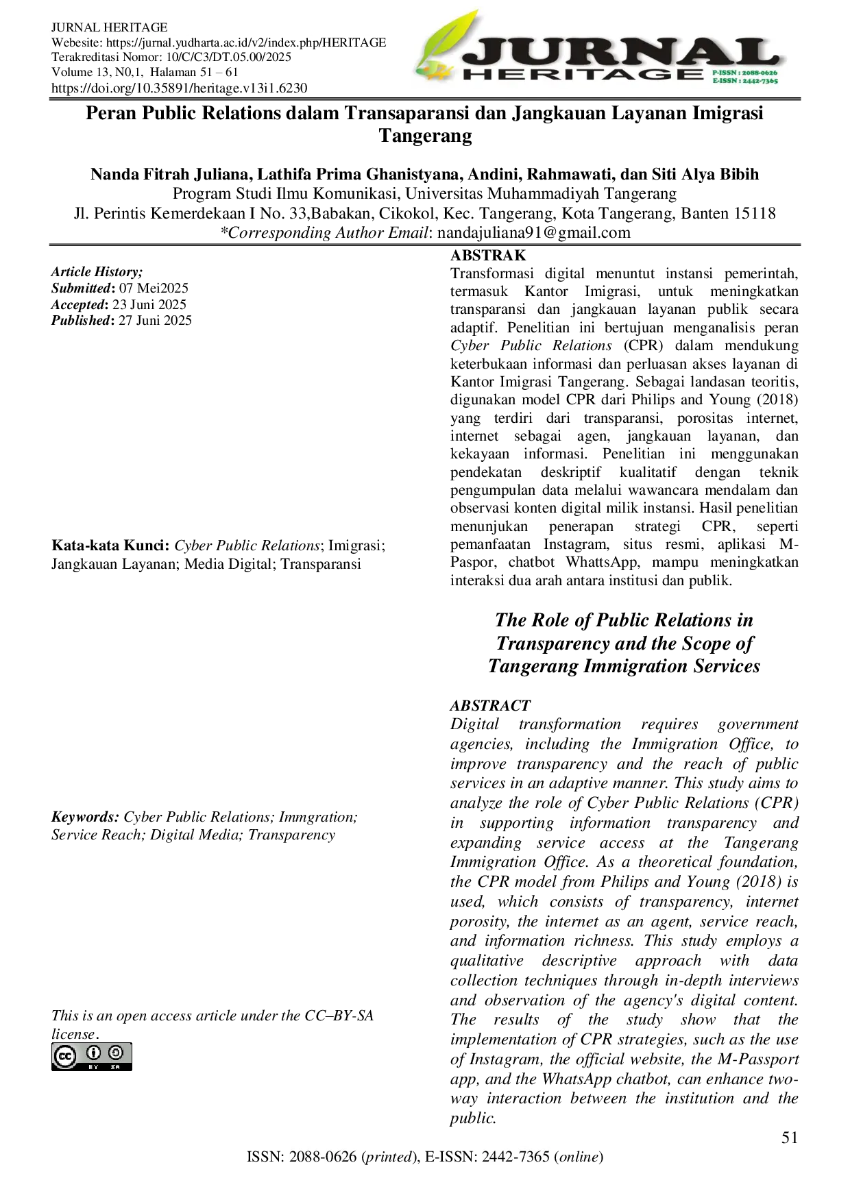 JURIS Peran Cyber Public Relation Dalam Transparansi Dan Jangkauan Layanan Imigrasi Tangerang