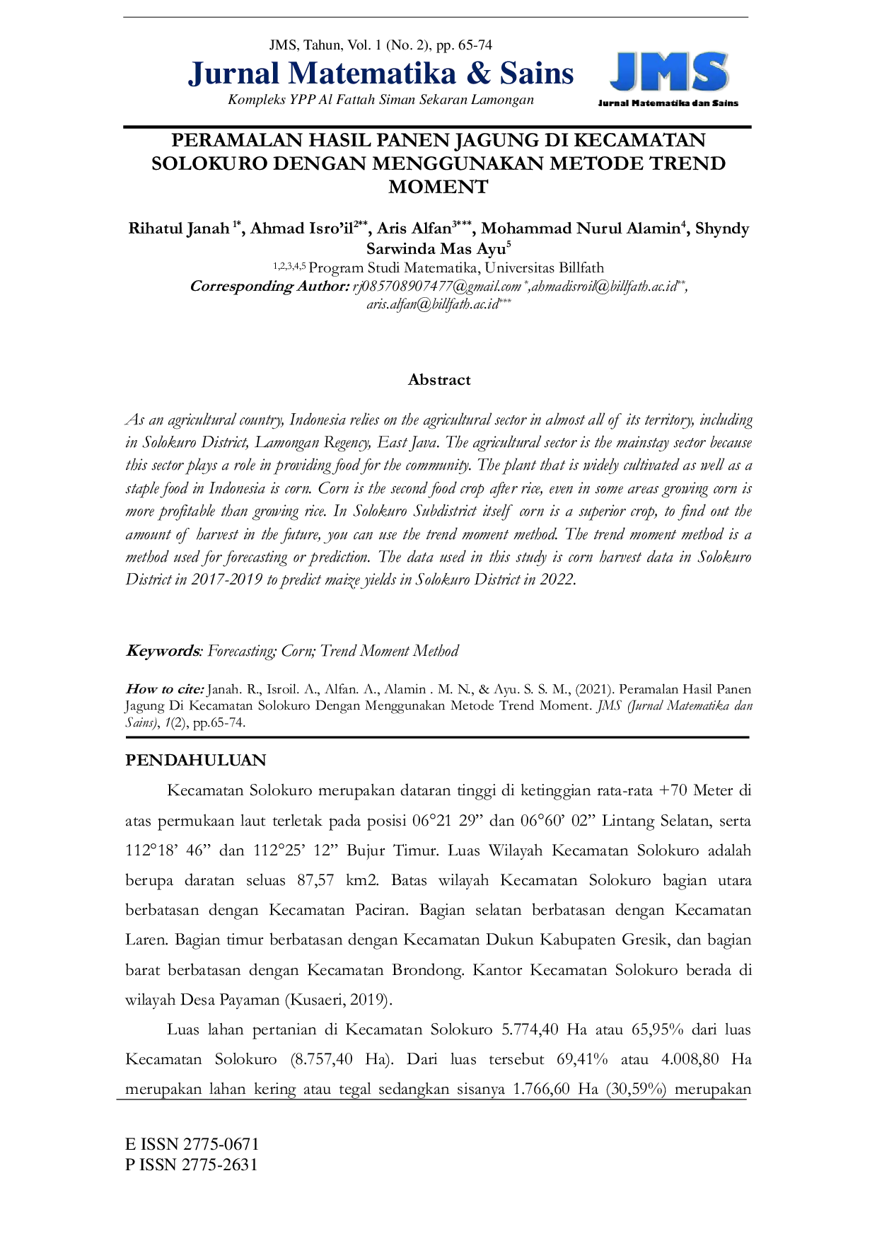 JURIS Peramalan Hasil Panen Jagung Di Kecamatan Solokuro Dengan Menggunakan Metode Trend Moment