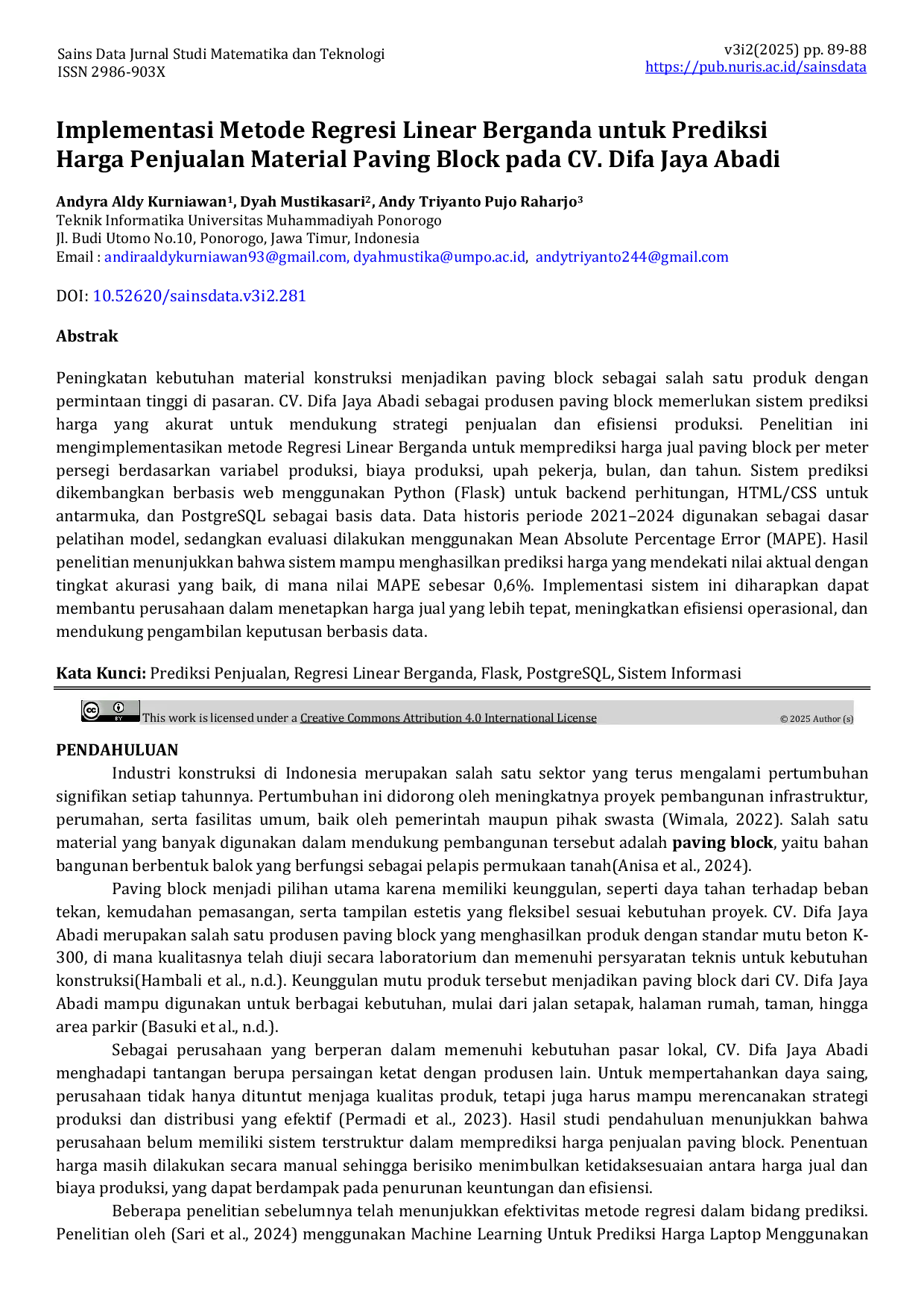 JURIS Implementasi Metode Regresi Linear Berganda untuk Prediksi Harga Penjualan Material Paving Block pada CV Difa Jaya Abadi