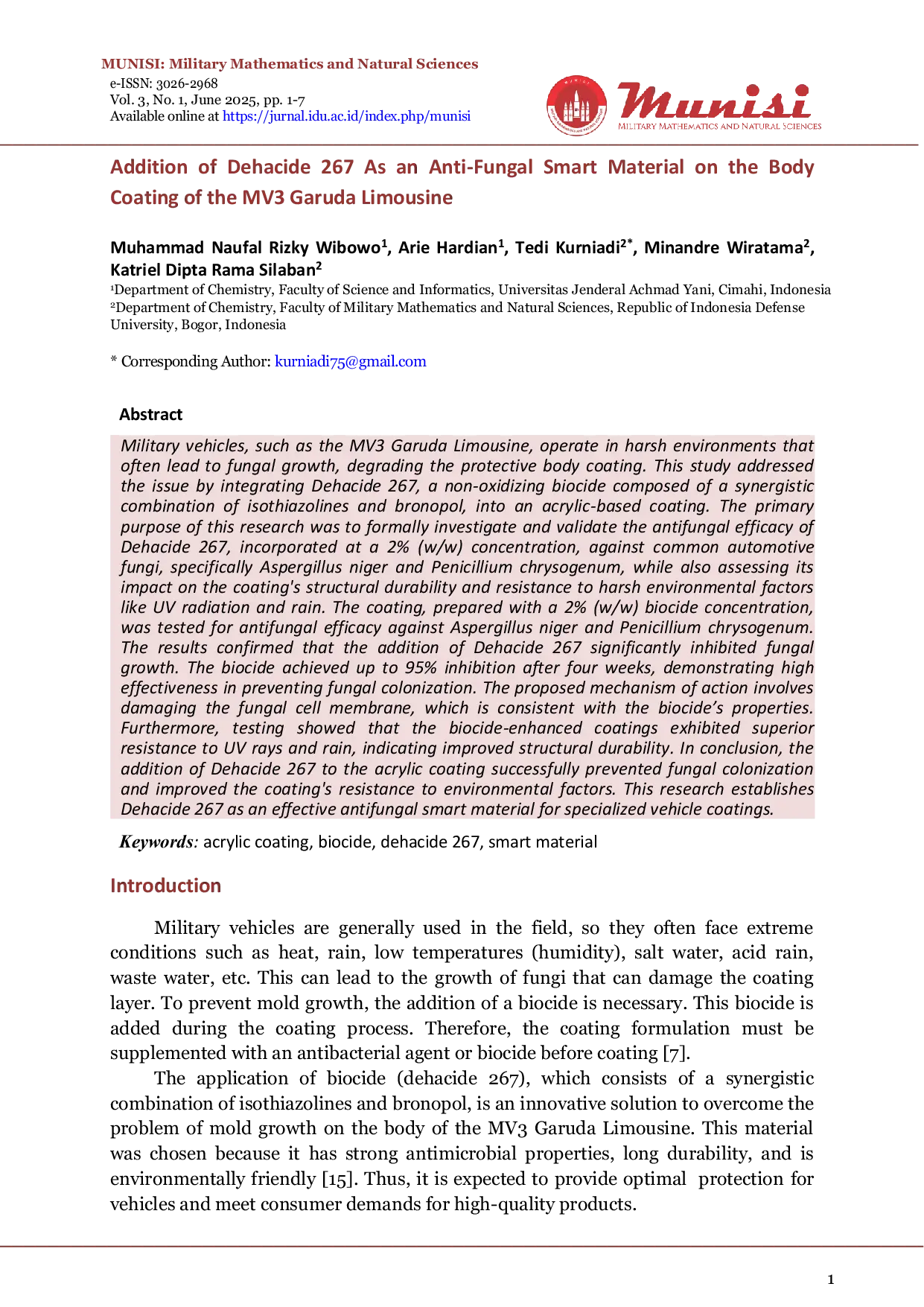 JURIS Addition of Dehacide 267 As an Anti Fungal Smart Material on the Body Coating of the MV3 Garuda Limousine