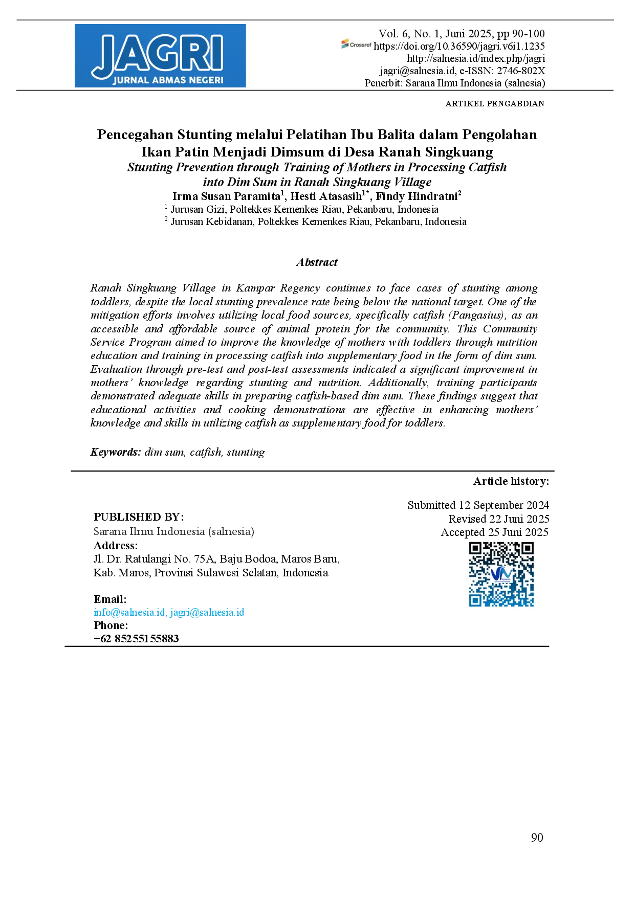 juris Stunting Prevention through Training of Mothers in Processing Catfish into Dim Sum in Ranah Singkuang Village