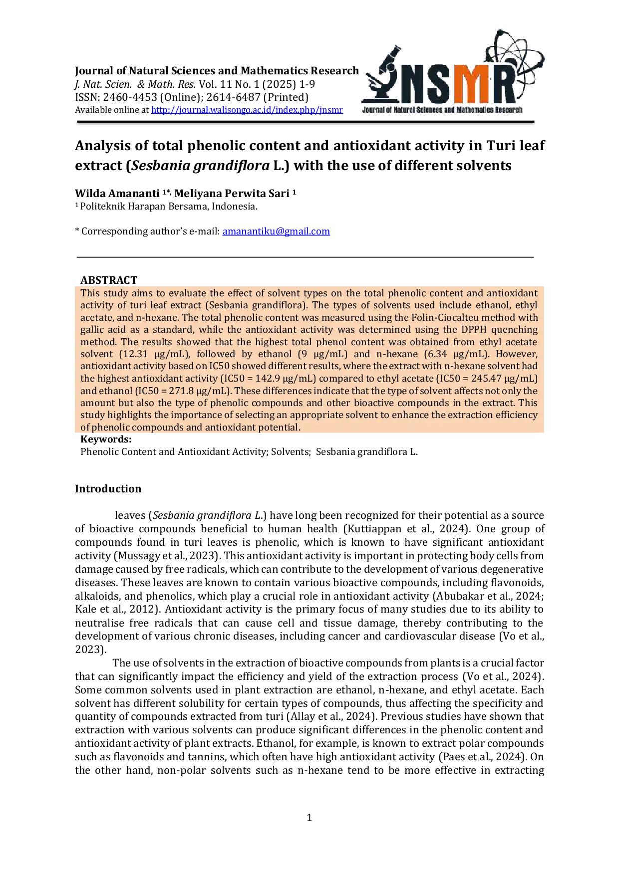 JURIS Analysis of total phenolic content and antioxidant activity in Turi leaf extract Sesbania grandiflora L with the use of different solvents