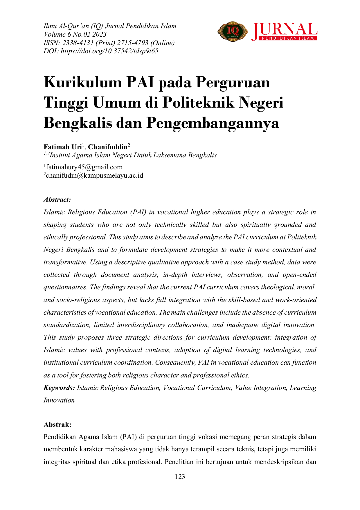JURIS Kurikulum PAI pada Perguruan Tinggi Umum di Politeknik Negeri Bengkalis dan Pengembangannya