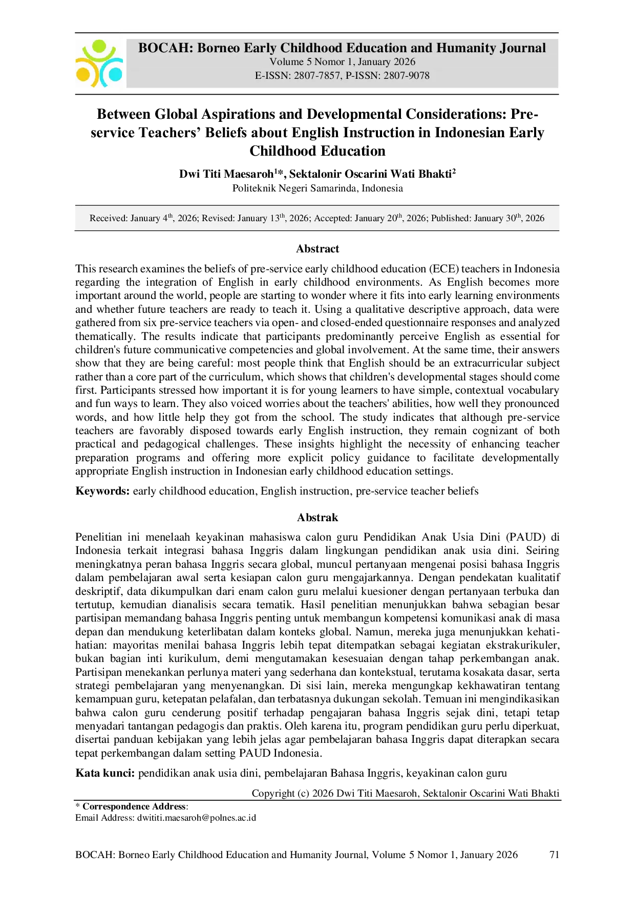 JURIS Between Global Aspirations and Developmental Considerations Pre service Teachers Beliefs about English Instruction in Indonesian Early Childhood Education