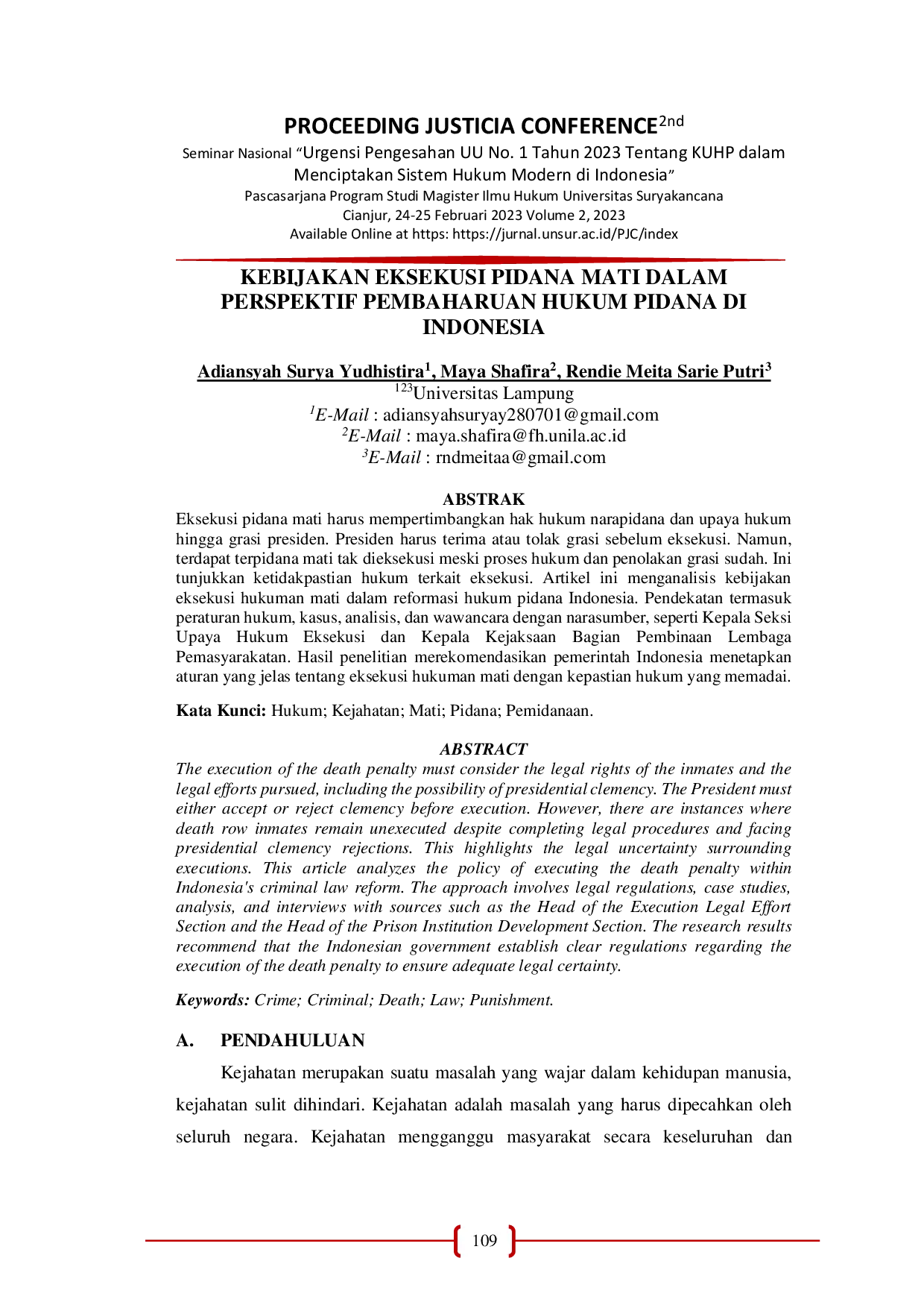 JURIS Kebijakan Eksekusi Pidana Mati Dalam Perspektif Pembaharuan Hukum Pidana Di Indonesia