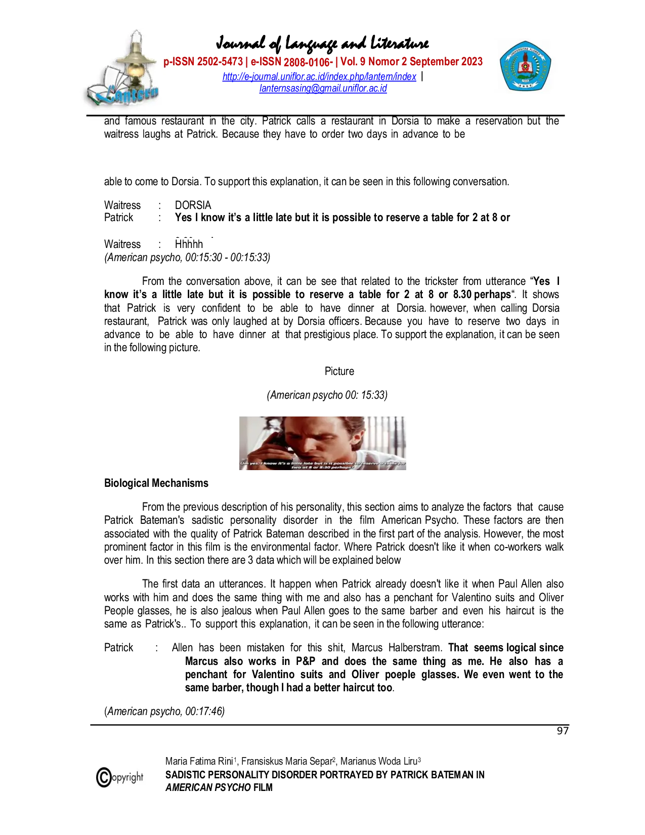 JURIS Sadistic Personality Disorder Portrayed by Patrick Bateman in American Psycho Film