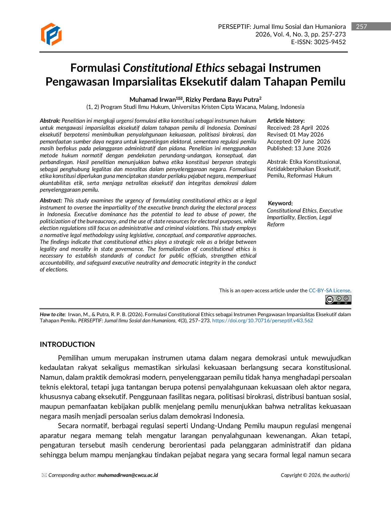 JURIS Formulasi Constitutional Ethics sebagai Instrumen Pengawasan Imparsialitas Eksekutif dalam Tahapan Pemilu