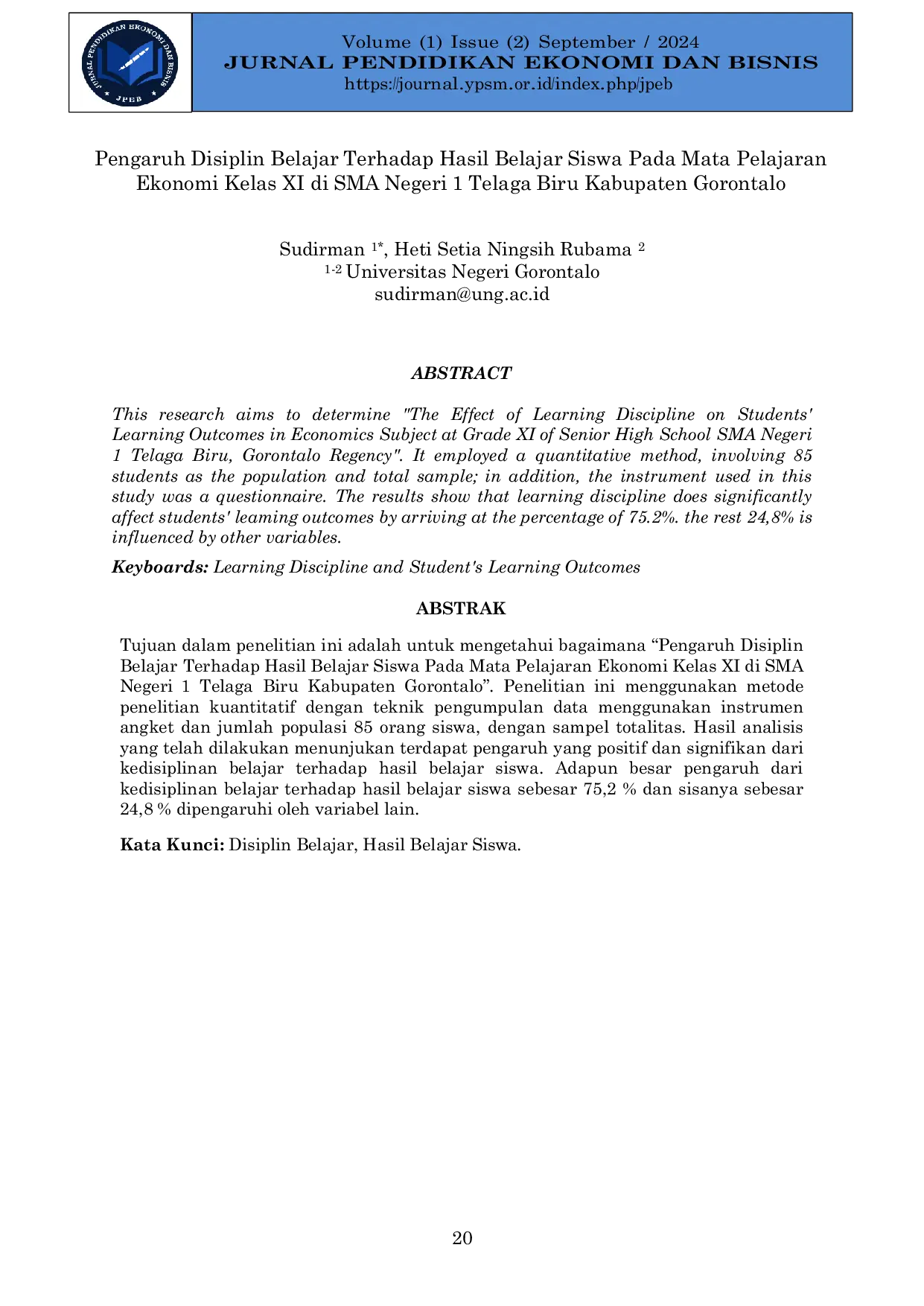 JURIS Pengaruh Disiplin Belajar Terhadap Hasil Belajar Siswa Pada Mata Pelajaran Ekonomi Kelas XI di SMA Negeri 1 Telaga Biru Kabupaten Gorontalo