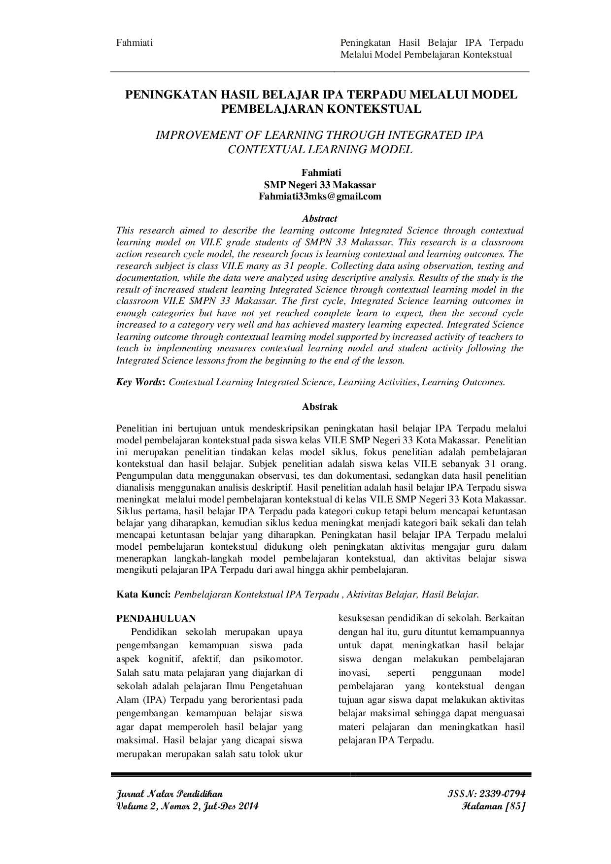 JURIS Peningkatan Hasil Belajar IPA Terpadu Melalui Model Pembelajaran Kontekstual