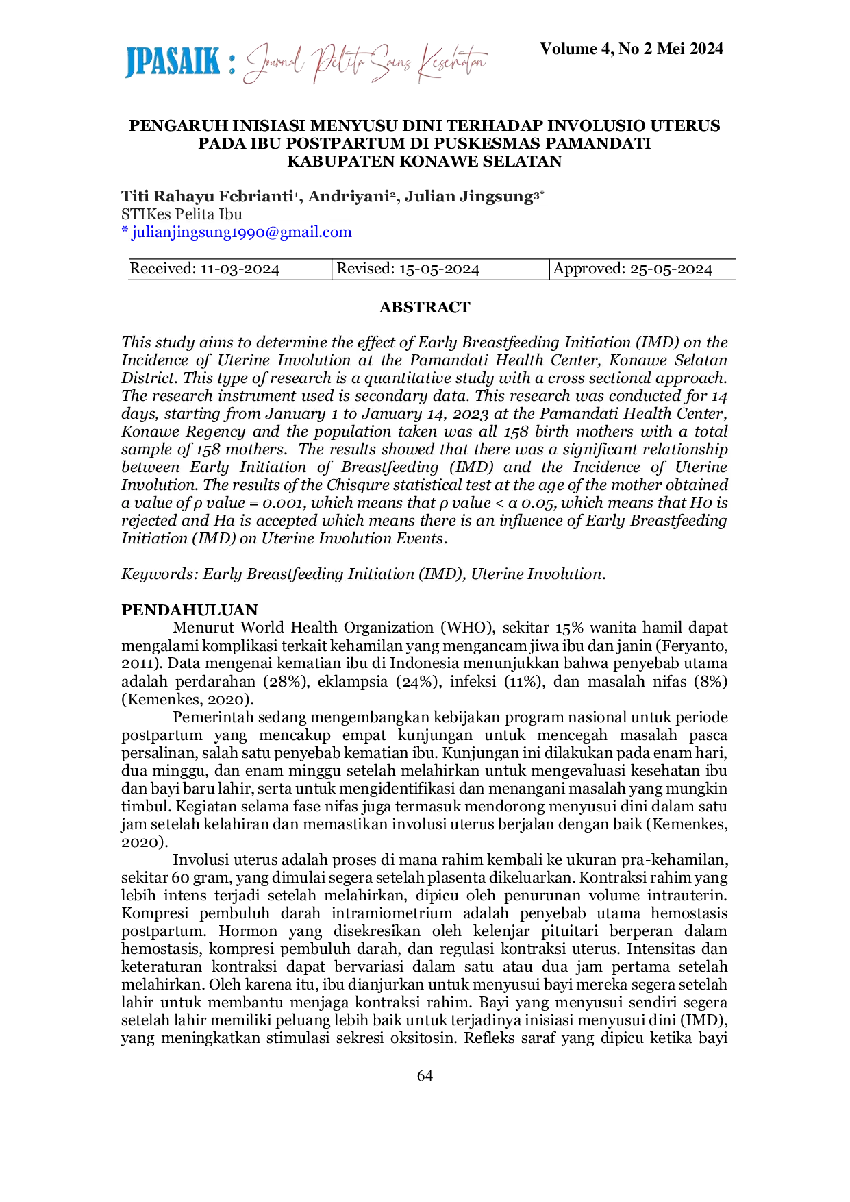 JURIS Pengaruh Inisiasi Menyusu Dini Terhadap Involusio Uterus Pada Ibu Postpartum Di Puskesmas Pamandati Kabupaten Konawe Selatan