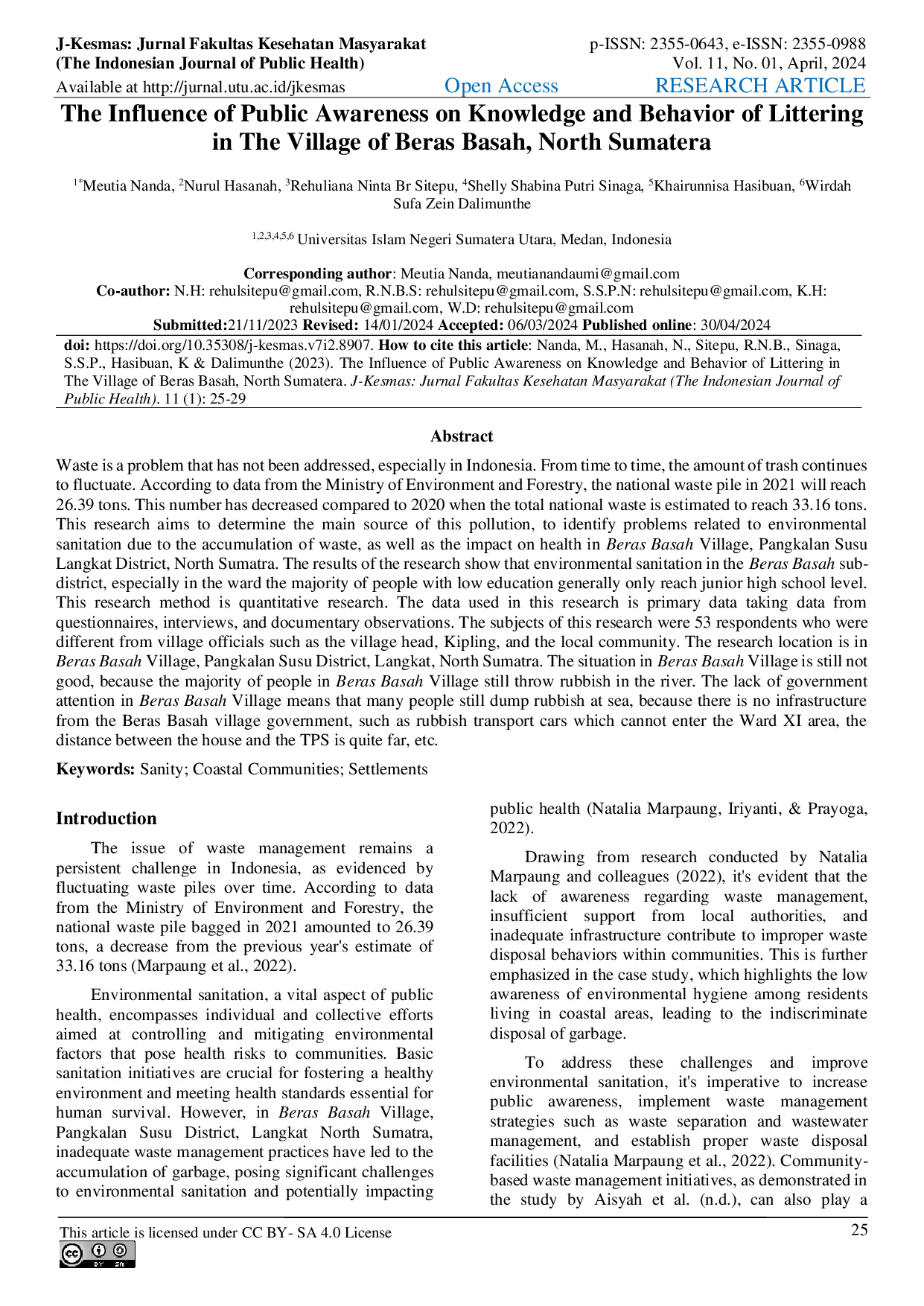 JURIS The Influence of Public Awareness on Knowledge and Behavior of Littering in The Village of Beras Basah North SumateraThe Influence of Public Awareness on Knowledge and Behavior of Littering in The