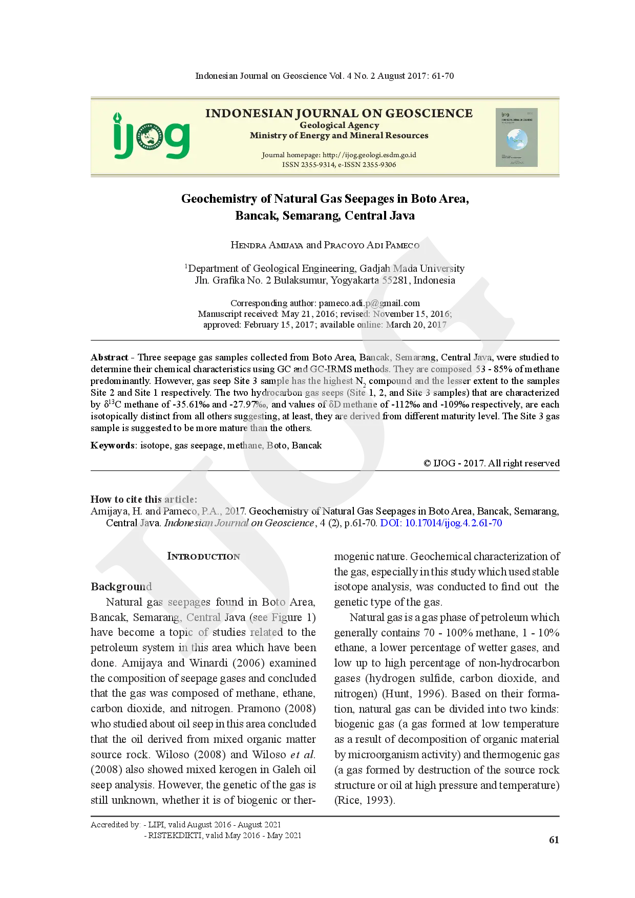juris Geochemistry of Natural Gas Seepages in Boto Area Bancak Semarang Central Java