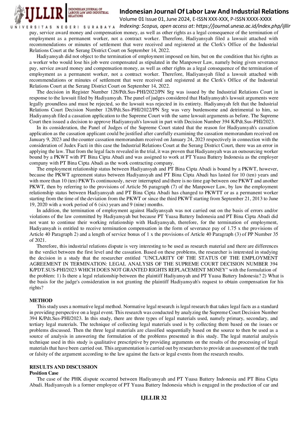 JURIS Unclear Status of Employment Agreement in Termination of Employment Legal Analysis of Supreme Court Decision Number 394 K Pdt Sus PHI 2023 Which Does Not Grant Replacement Money for Rights